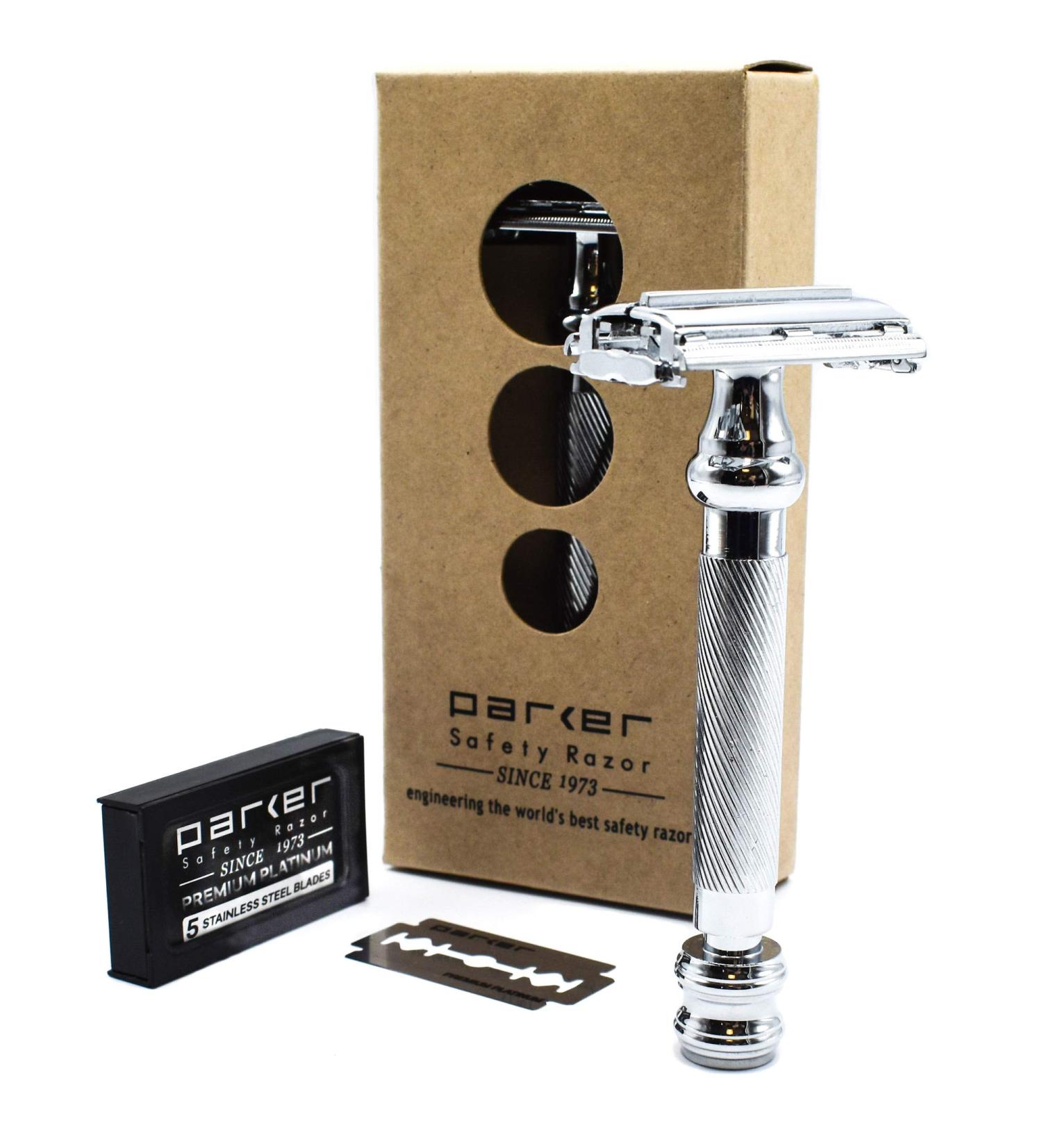 Parker 99R - Long Handle Heavyweight Butterfly Open Double Edge Safety Razor for Men + 5 Premium Platinum Blades - Buy Online on GoSupps.com