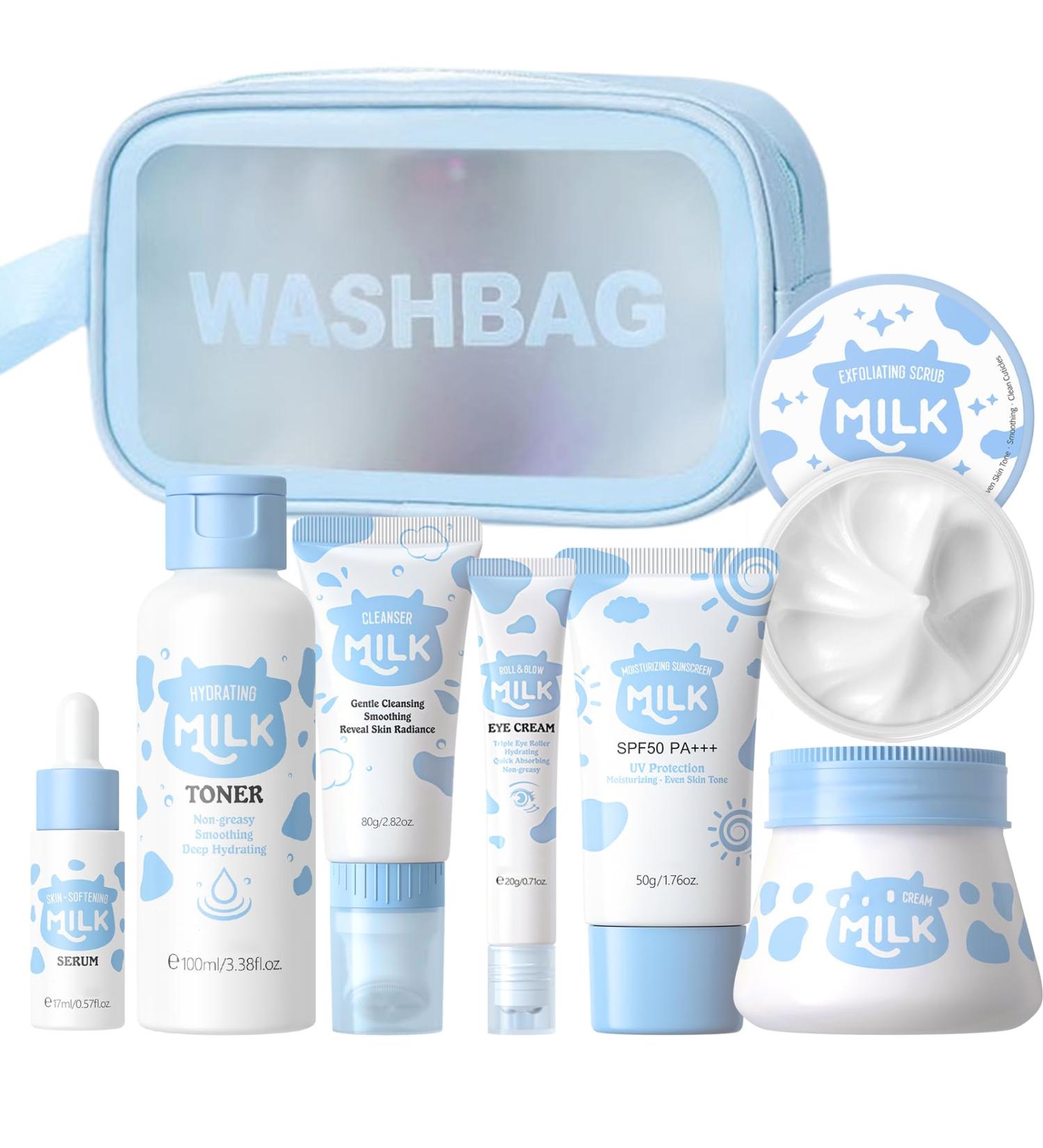 Milk Skincare Set Girls Gifts - 8Pcs Milk Skin Care Sets & Kits for Teens - Skin Care Kit for Women Kids Teenage Girls with Cleanser Toner Eye Cream Serum Sunscreen Face Cream Scrub Bag 8pcs B - Buy Online on GoSupps.com