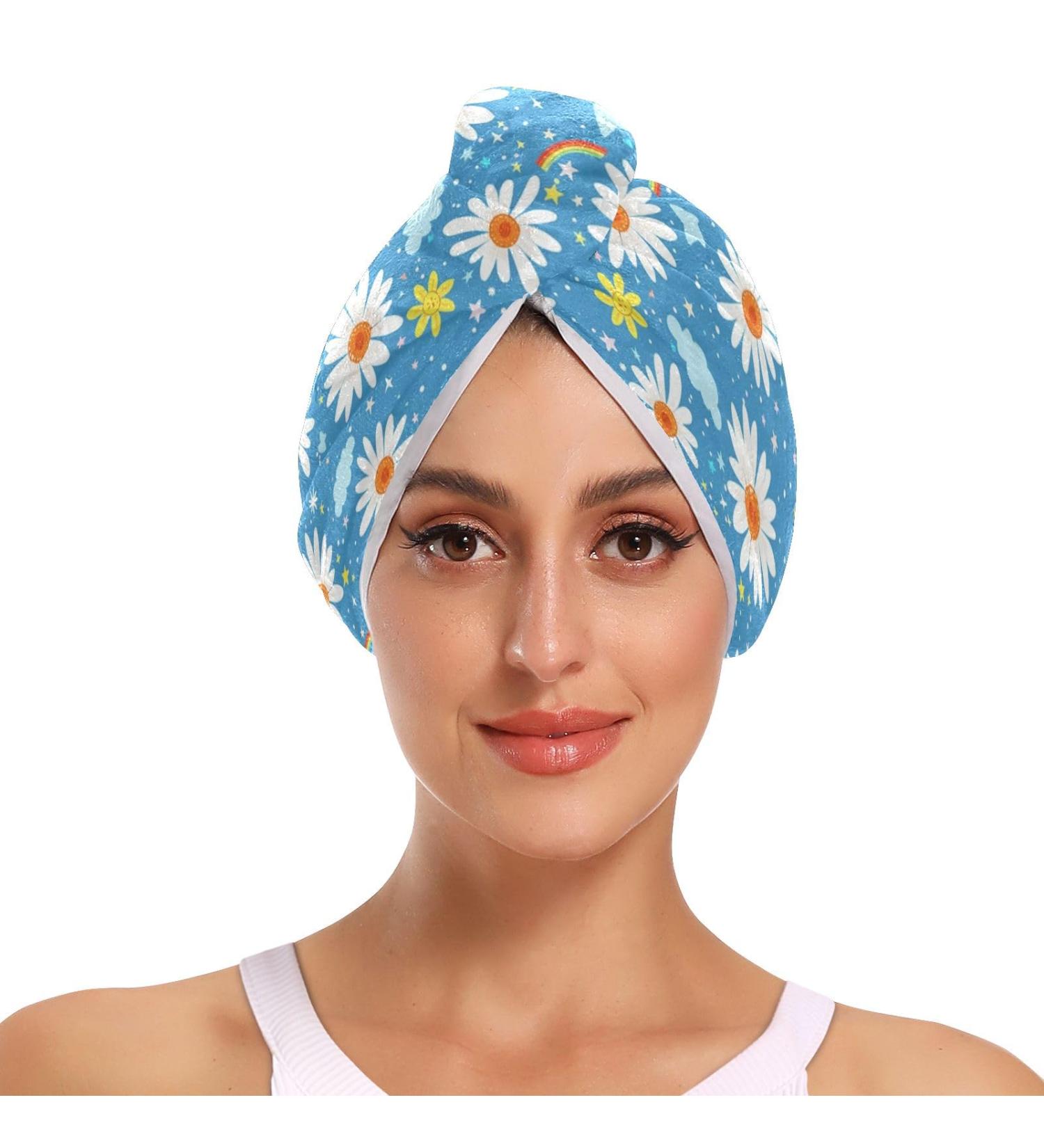 White Daisies Blue Hair Towel 2 Pack | Super Absorbent Quick Dry Hair Turbans for Women & Girls - Buy Online on GoSupps.com