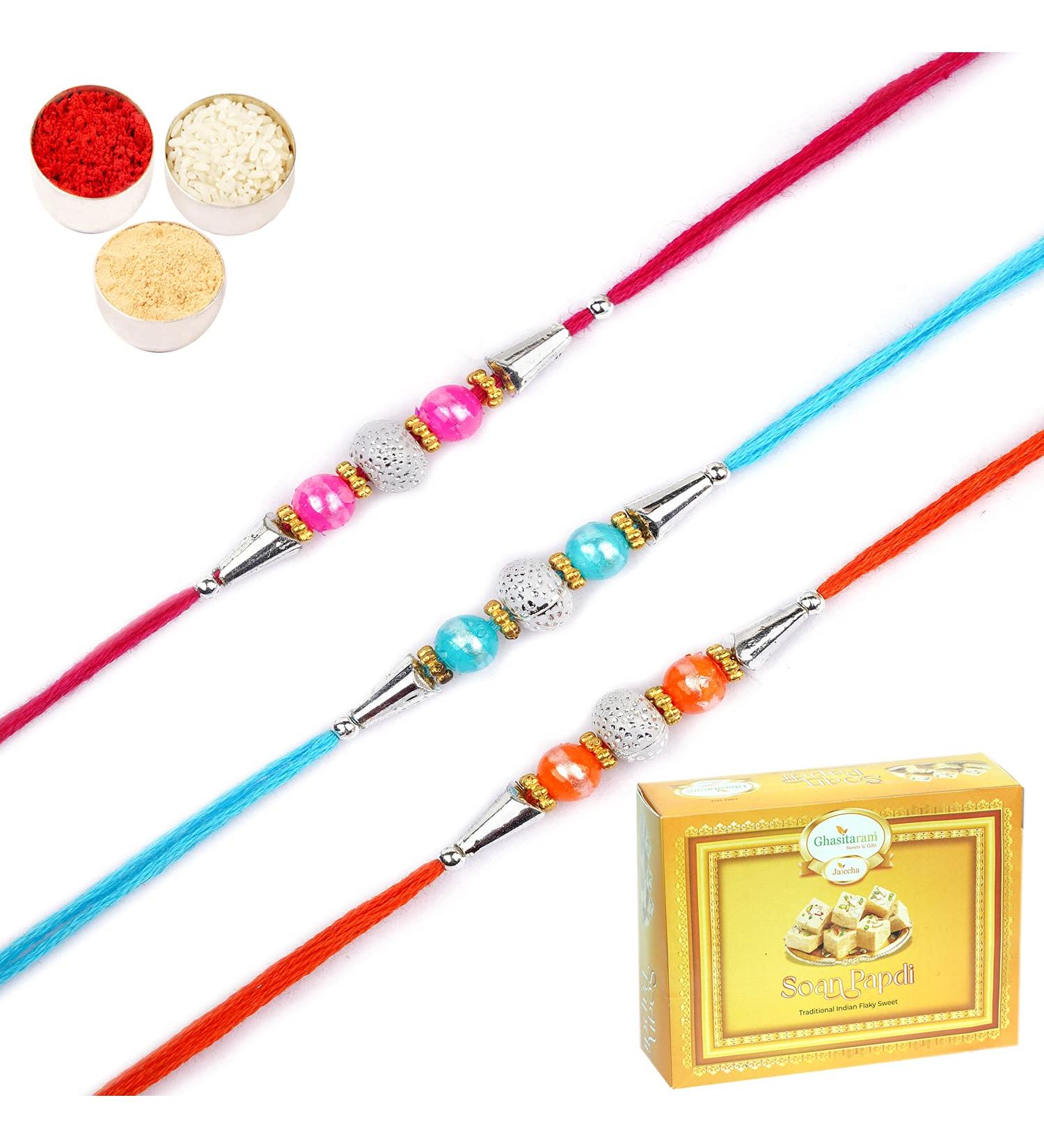 Ghasitaram Gifts Rakhi for Brother Rakhis Online - Set of 3-6194 Rakhis with 200 GMS of Soan Papdi - Buy Online on GoSupps.com
