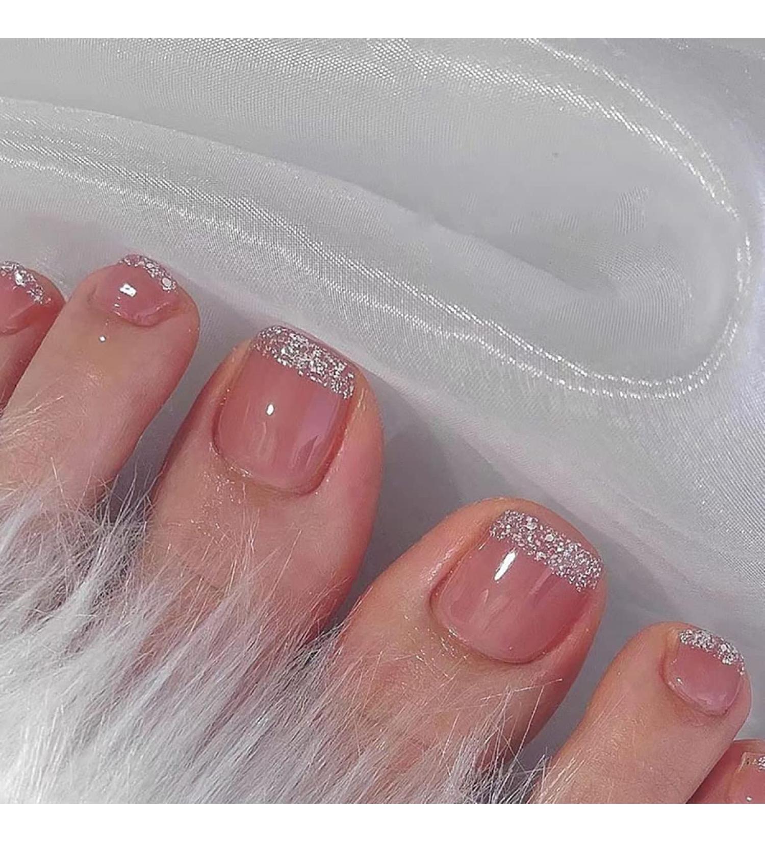 Glitter Pink Square Fake Toenails | French Tip Acrylic Summer Toe Nails - 24Pcs - Buy Online on GoSupps.com