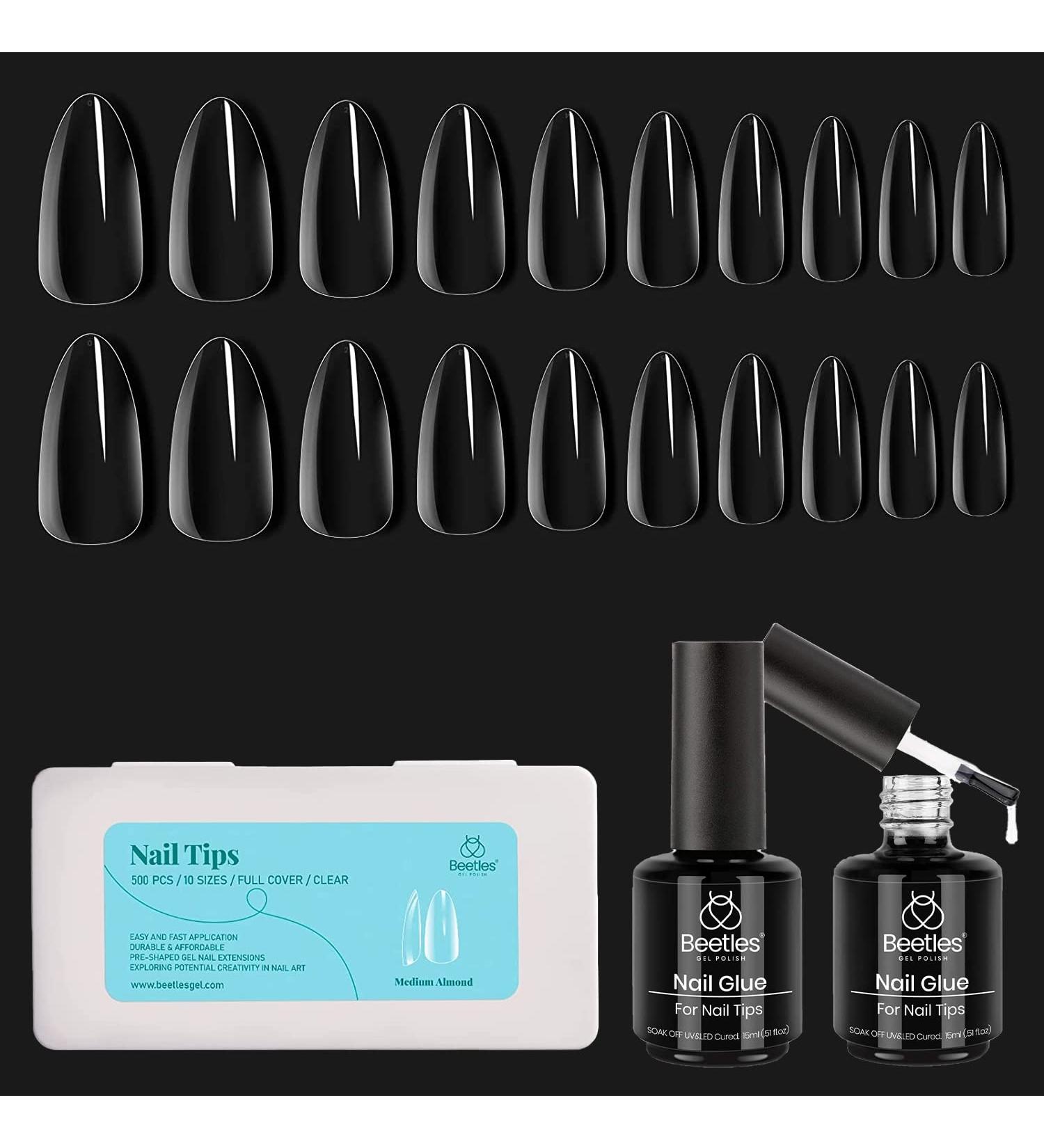 Beetles Gel Polish 2 in 1 Nail Glue and Base Gel Kit with 500Pcs Clear Full Cover Medium Almond False Nails - Buy Online on GoSupps.com