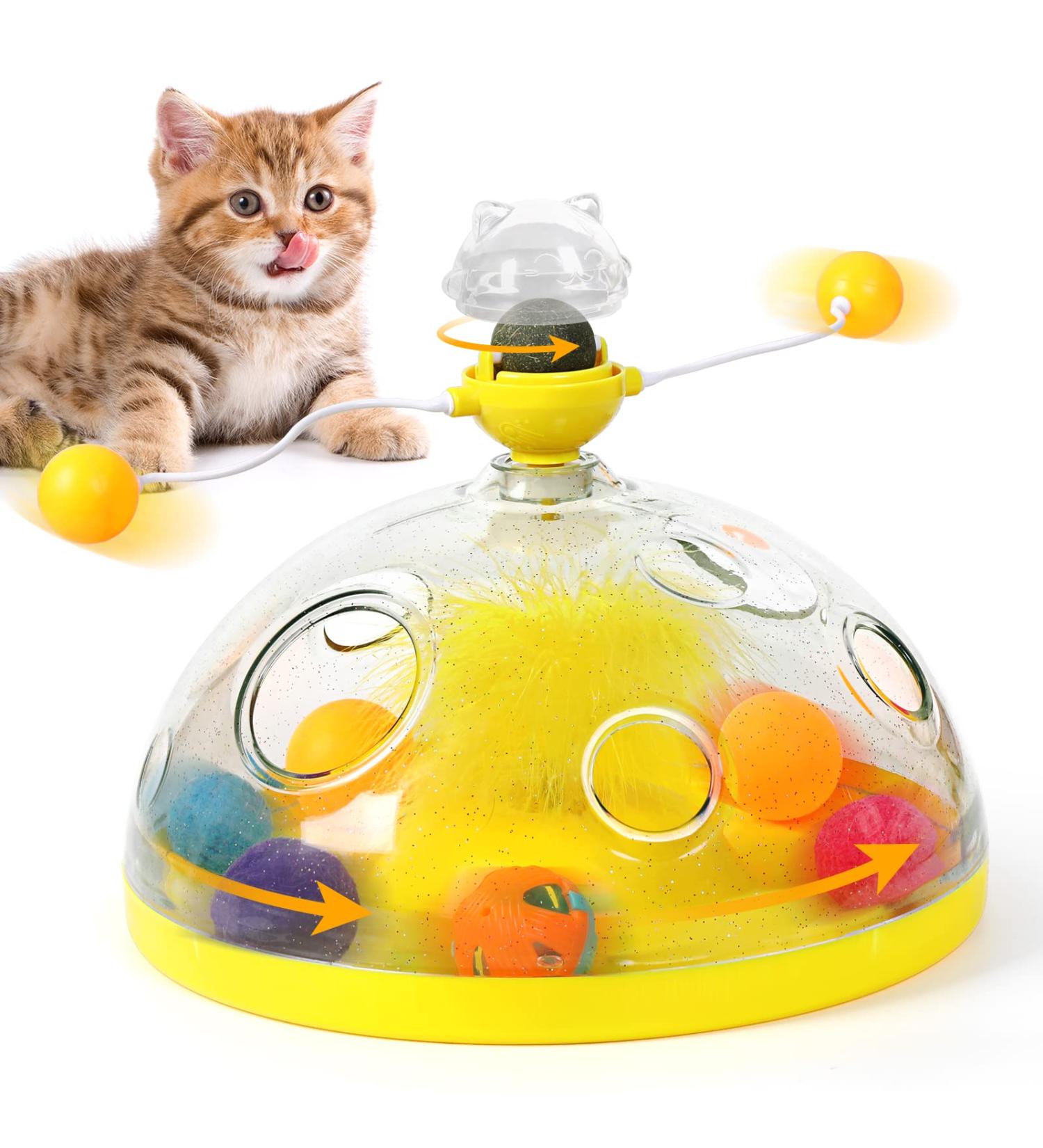 HOPET Interactive Cat Toy with Catnip Balls, Roller Tracks, and Exercise Balls for Indoor Cats - Kitten Feeder Stimulation Toys - Yellow - Buy Online on GoSupps.com