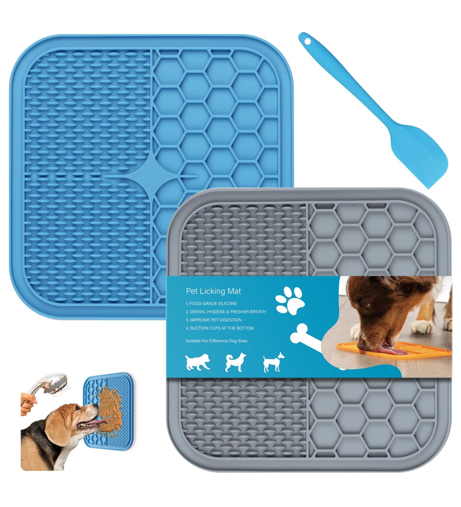 Pet Lick Pad Set with Suction Cups - Dog Cat Slow Feeder for Anxiety & Boredom Relief - Puzzle Toys for IQ Training - Peanut Butter Bowls for Grooming - Grey & Blue (2 Pcs) + Spatula - Buy Online on GoSupps.com