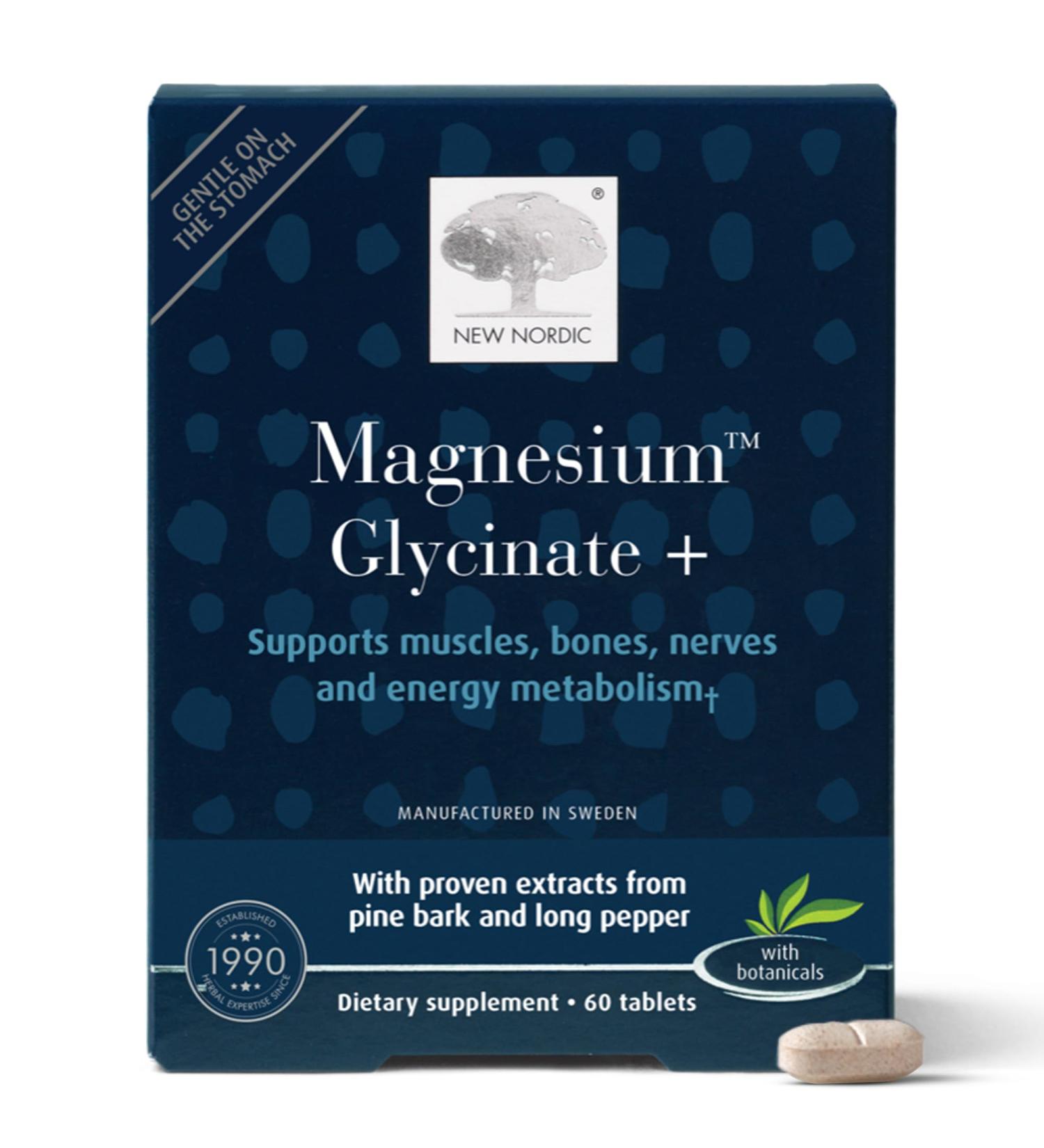 New Nordic Magnesium Glycinate 220 mg Maximum Absorption Tablets with Pine Bark & Long Pepper Gentle on Stomach for Women & Men 30 Servings - Buy Online on GoSupps.com