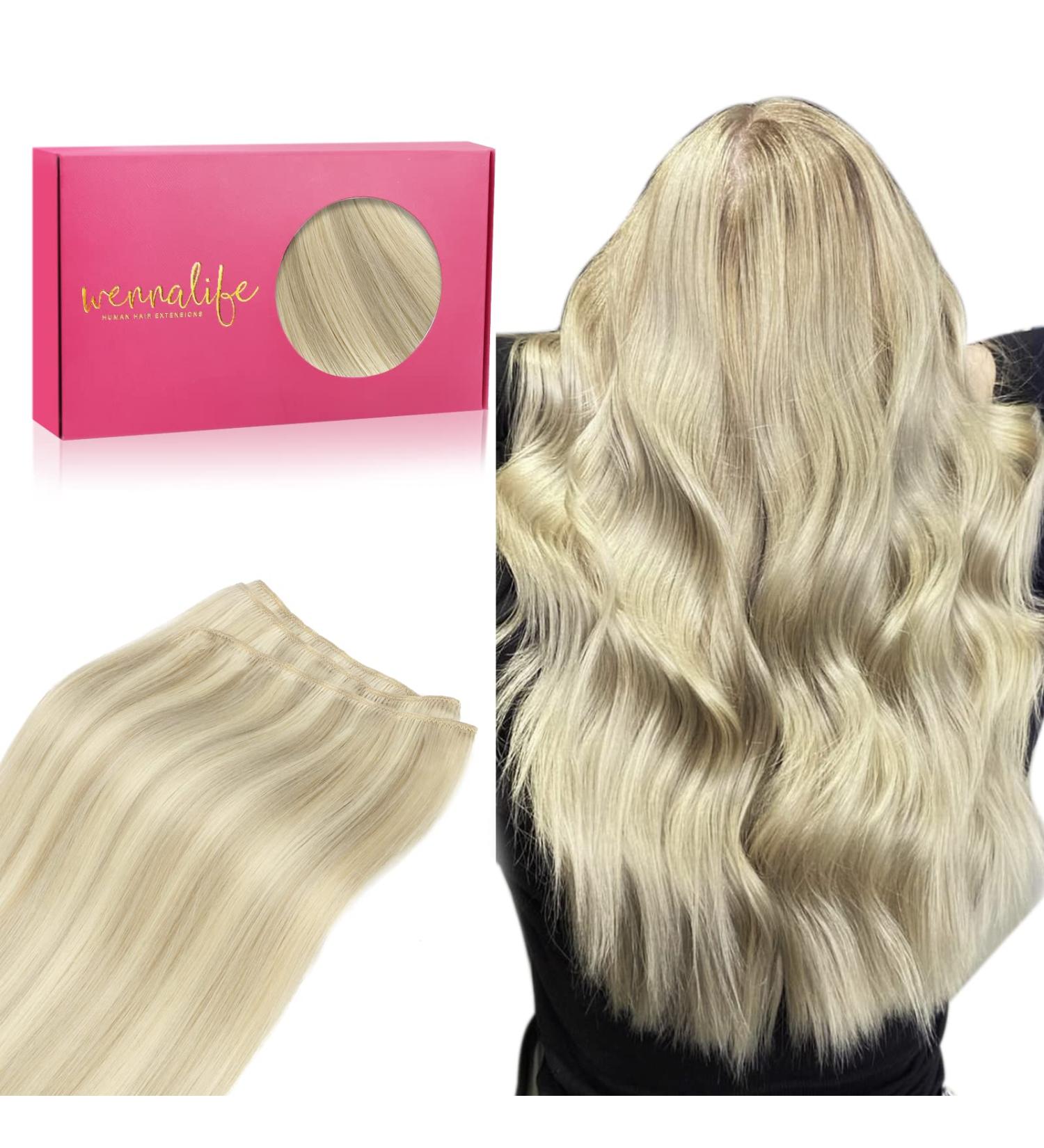 Real Hair Extensions 35cm 80g - Ashblond Highlights & Platinum Blonde - Sew-In Weft Hair Extensions - Buy Online on GoSupps.com