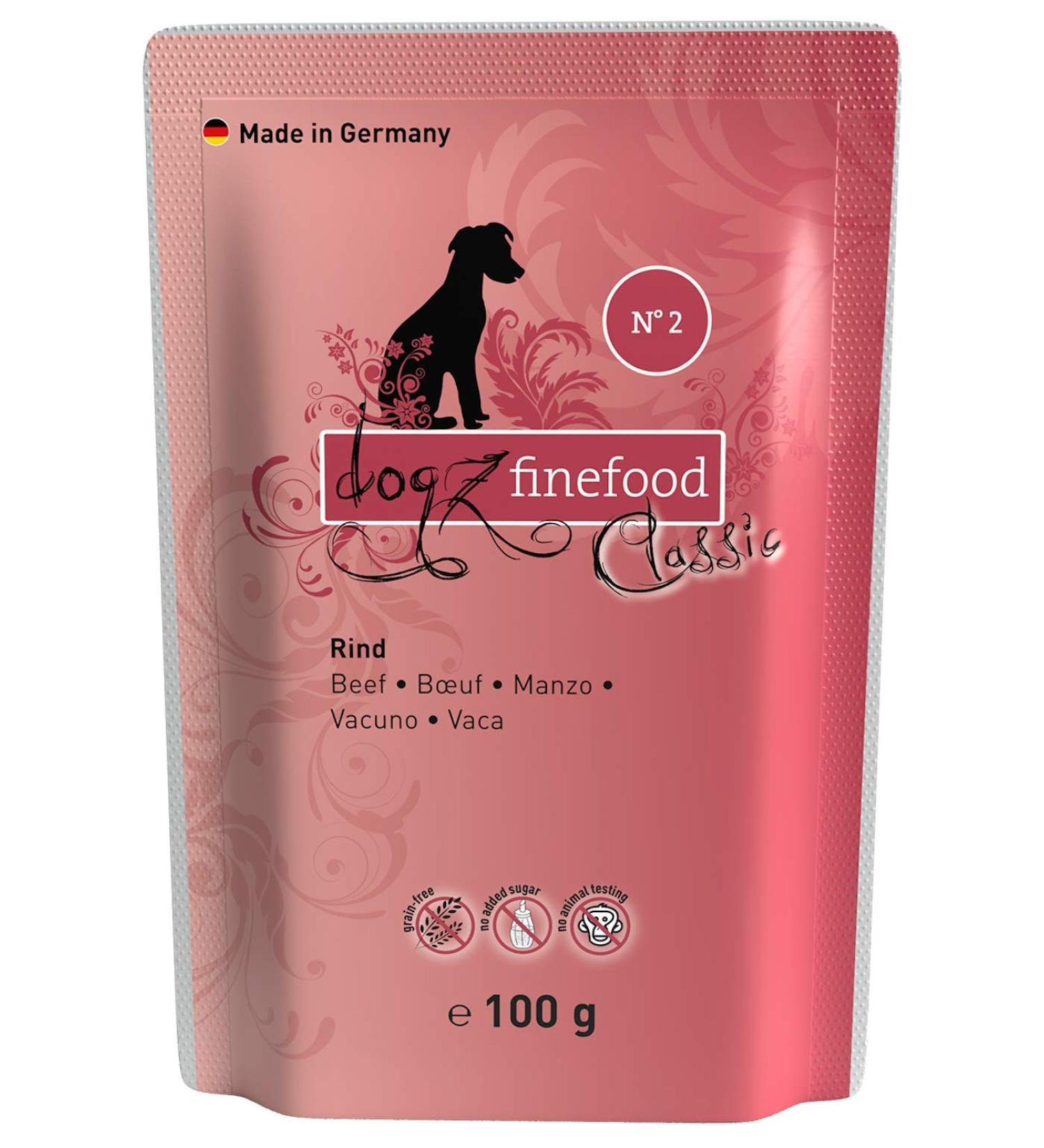 Dogz Finefood N 2 Beef Wet Dog Food - Grain-Free & Sugar-Free - High Meat Content - 12 x 100g Bags - Ideal for Dogs & Puppies - Buy Online on GoSupps.com