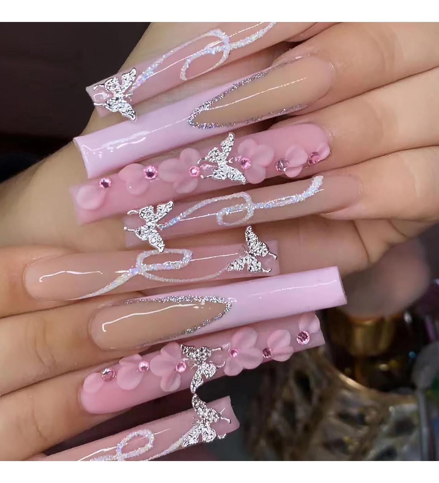 24 Pcs Pink French Tip Press On Nails with Silver Glitter & Flower Design | Artificial Acrylic False Nails with Butterfly Charms - Perfect for Women | Full Cover Fake Nails for Stunning Nail Art - Buy Online on GoSupps.com