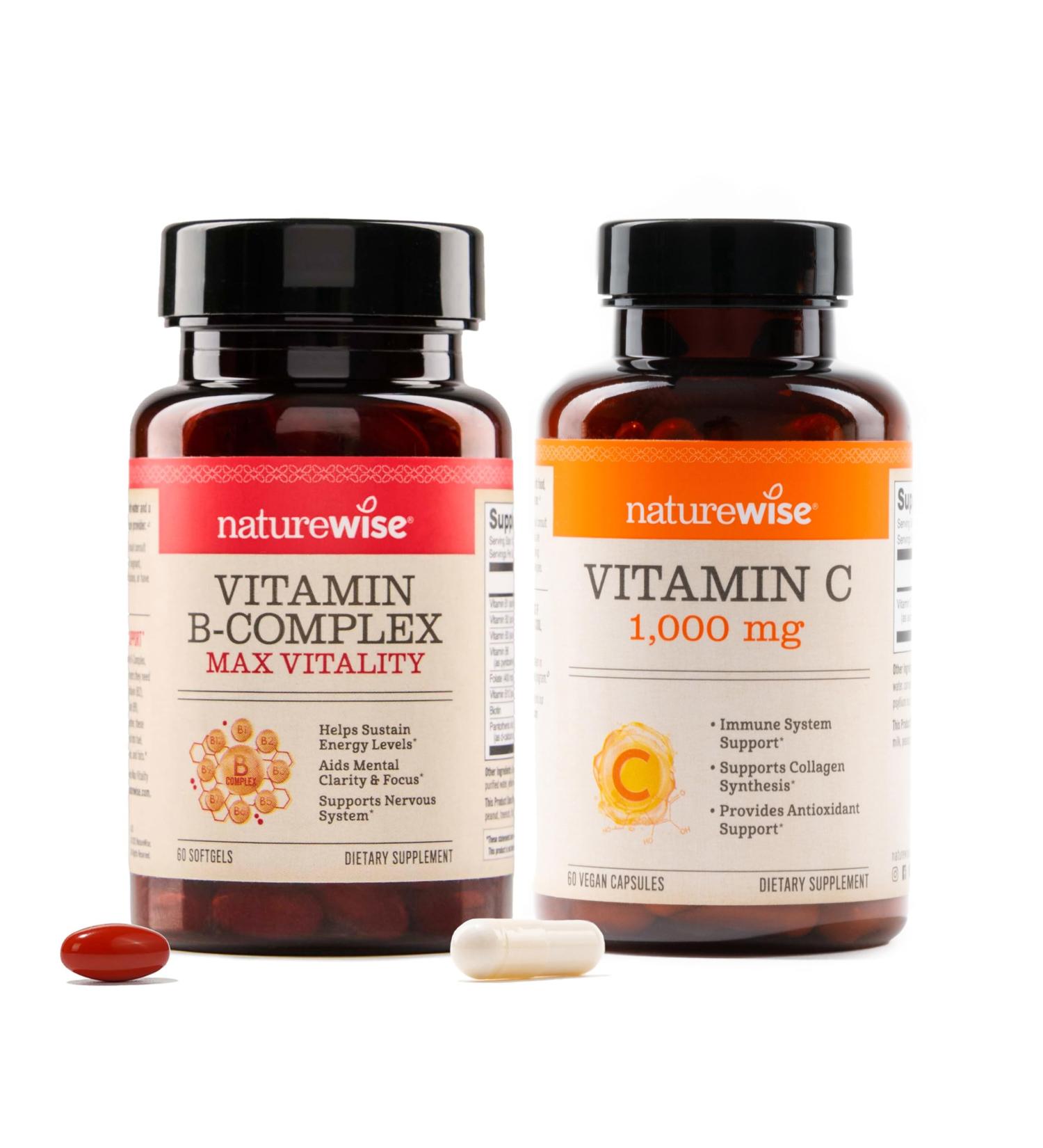 NatureWise B Complex Vitamins with Folic Acid 60 Count + Extra Strength Vitamin C 1000mg Capsules 60 Count - Bundle for Immune Energy Levels Heart Health Support - Soy Dairy Gluten Free Non-GMO - Buy Online on GoSupps.com