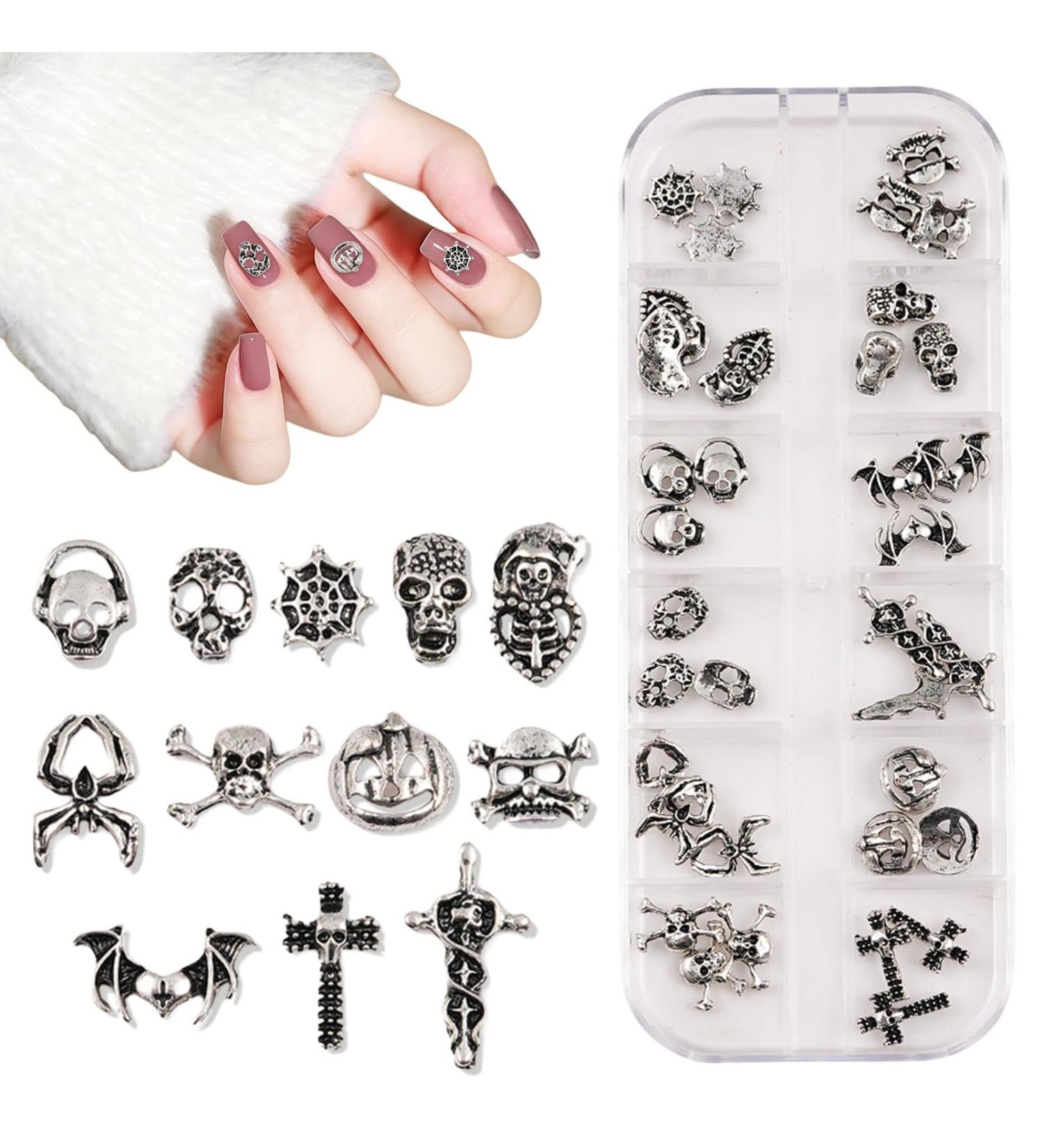 3D Halloween Nail Art Charms 1Box 12Grids Skull Pumpkin Bat Spider Web Cross Alloy Nail Art Jewelry Decoration Silver Nail Gems Rhinestones Nail Supplies for Nail Design DIY Crafts (B Pattern) - Buy Online on GoSupps.com
