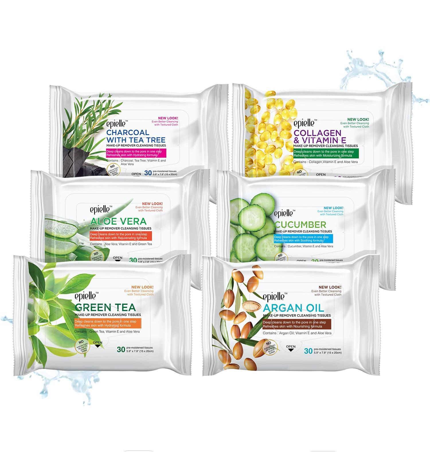 Epielle Makeup Remover Cleansing Wipes | Gentle Daily Towelettes for All Skin Types | Removes Dirt, Oil, Makeup | Charcoal, Collagen, Aloe, Cucumber, Green Tea, Argan Oil | 30ct - Buy Online on GoSupps.com