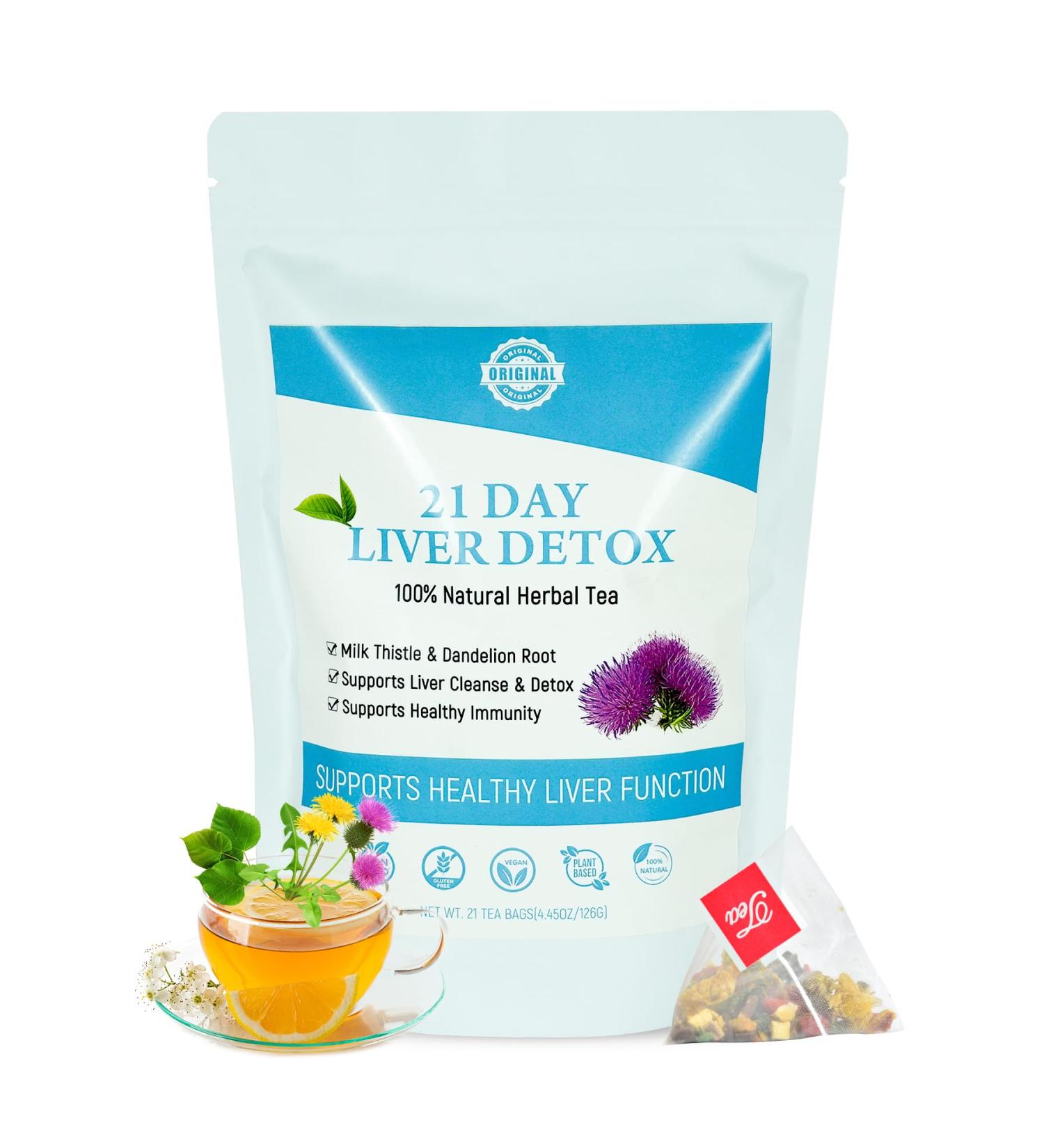 Laicuherb Milk Thistle Liver Detox Tea for Digestion and Immunity, Natural 21 Day Liver Cleanse Herbal Tea for Liver Cleansing & Stomach Care, Caffeine Free, 21 Teabags - Buy Online on GoSupps.com