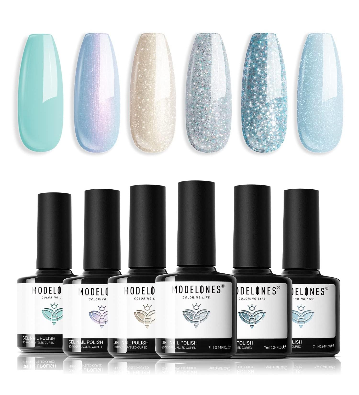 Modelones Gel Nail Polish Mermaid 6 Pcs Blue Silver Glitter Gel Nail Polish Mint Green Shimmer Nail Polish Soak Off Spring Summer Baby Blue Gel Polish LED Nail Art DIY Salon Manicure Gift for Girl - Buy Online on GoSupps.com