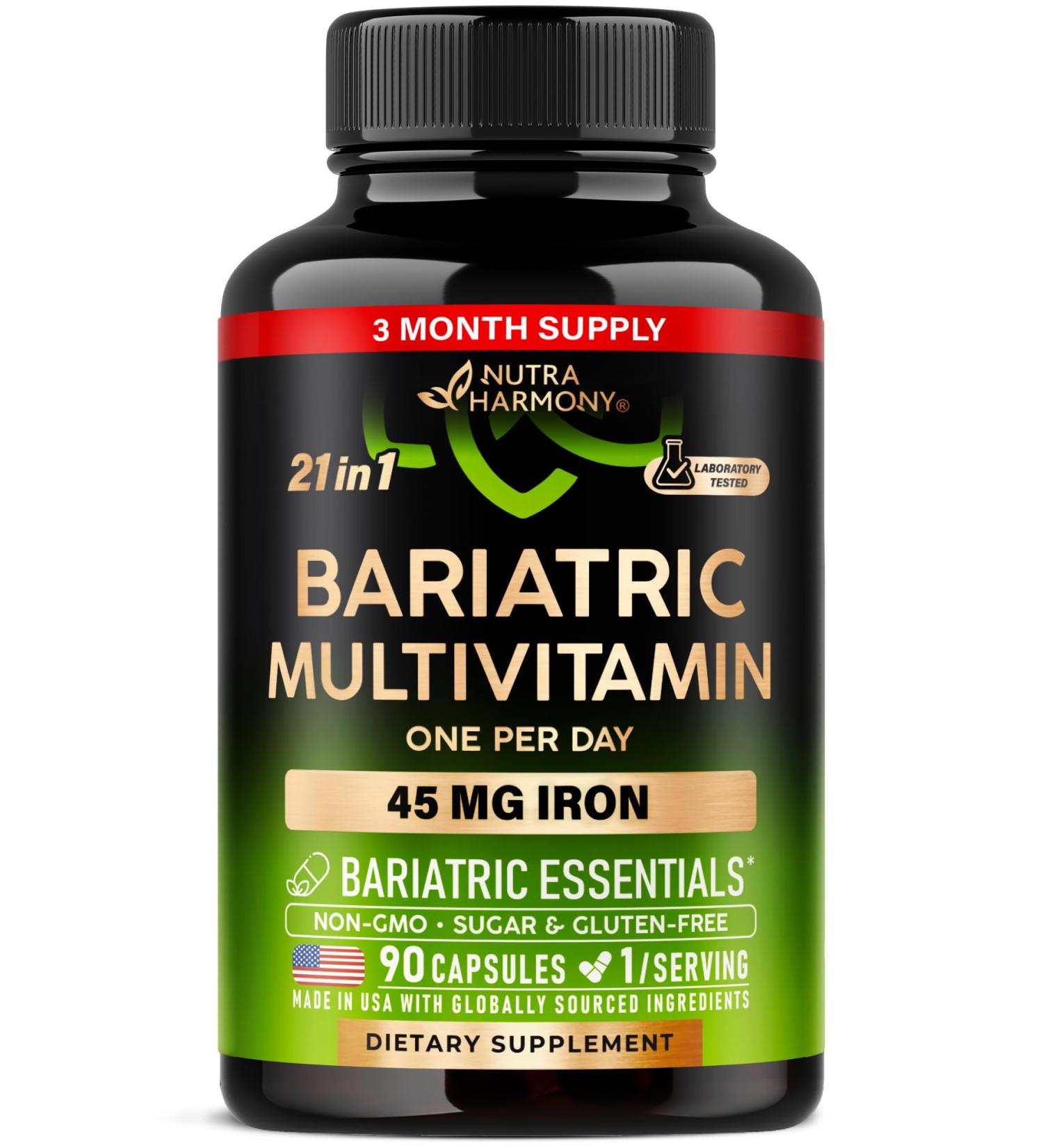 Bariatric Multivitamin - 45 mg Iron Supplements - Made in USA - for Women & Men - All-in-One 21 Essential Vitamins - Gastric Sleeve Support - Free of Sugar Gluten & Soy - 90 Capsules Once Daily 90 Count (Pack of 1) - Buy Online on GoSupps.com