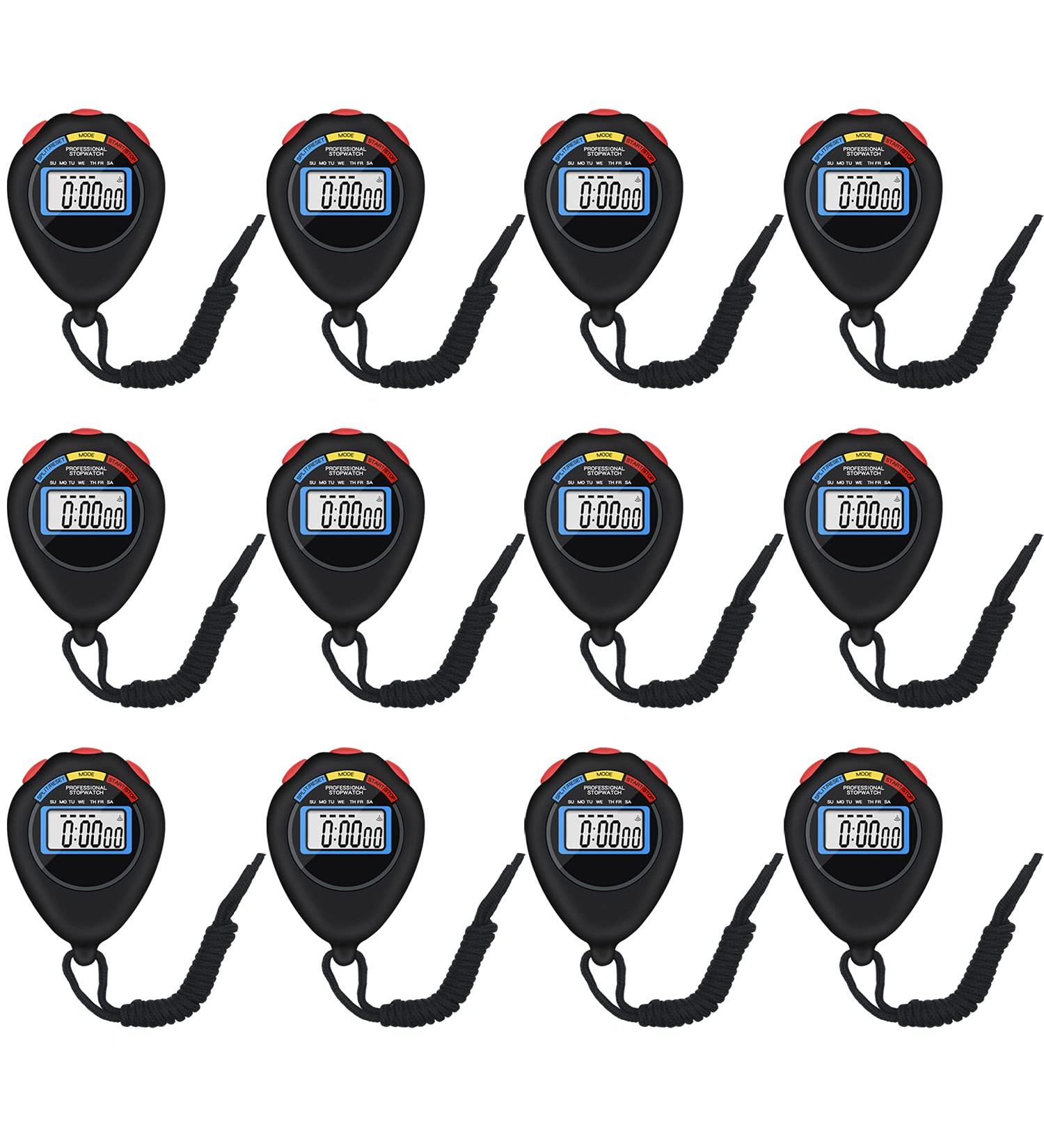 12 Pack Multi-Function Electronic Digital Sport Stopwatch Timer - Date Time Alarm - Ideal for Sports Coaches, Fitness Coaches, Referees - Large Display (Black) - Buy Online on GoSupps.com