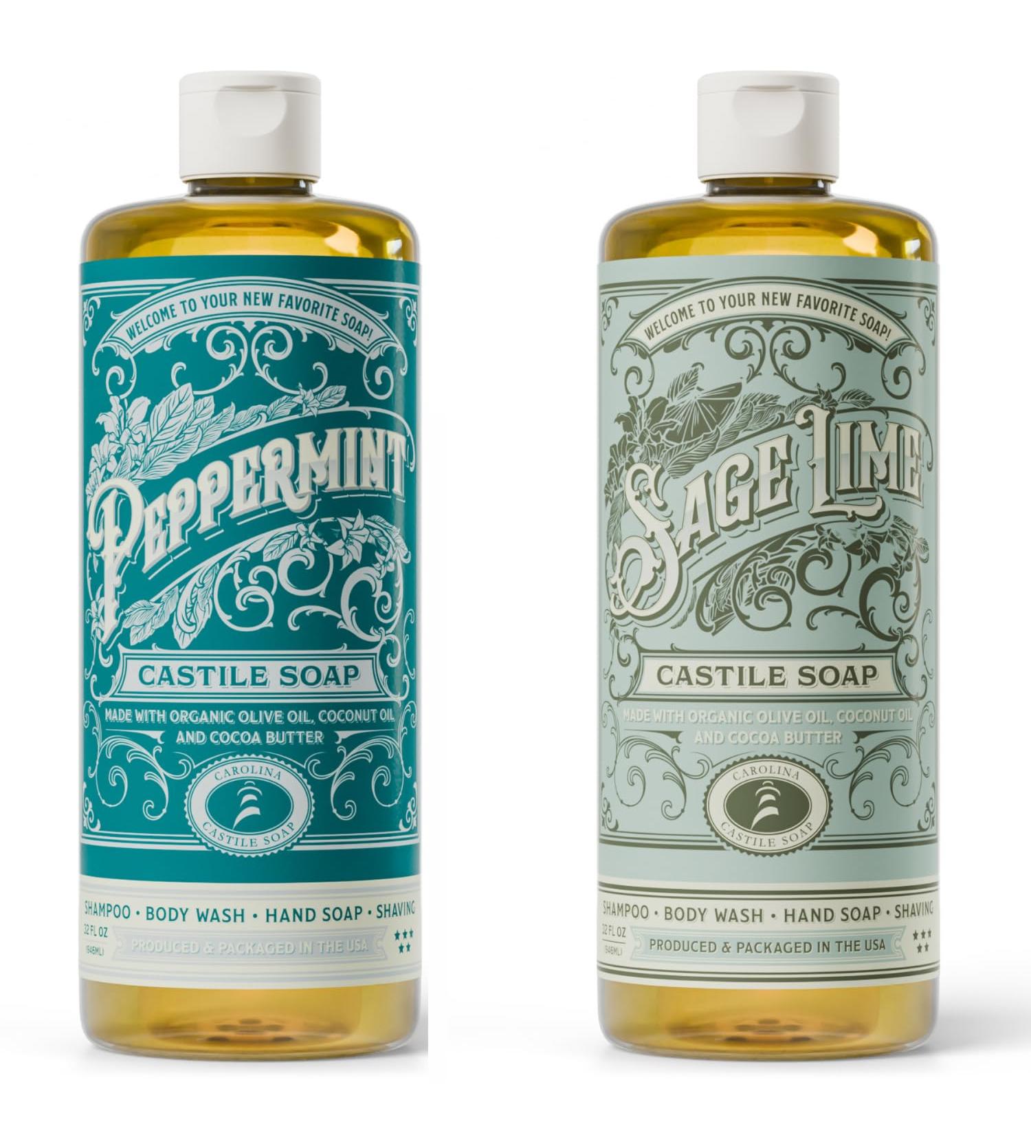 Carolina Castile Soap Carolina Peppermint and Sage Lime Castile Soap Liquid - 32 oz Vegan & Pure Organic Concentrated Non Drying All Natural Formula Body Wash & Shampoo - Buy Online on GoSupps.com