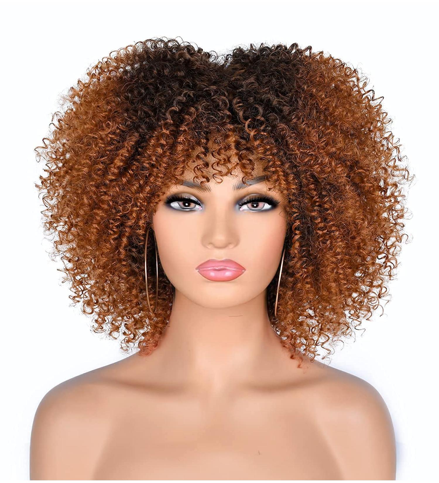 ANNIVIA 10inch Short Curly Wig for Black Women - Ombre Brown Afro Kinky Curly Wig with Bangs - Synthetic Fiber Full Wig - Buy Online on GoSupps.com