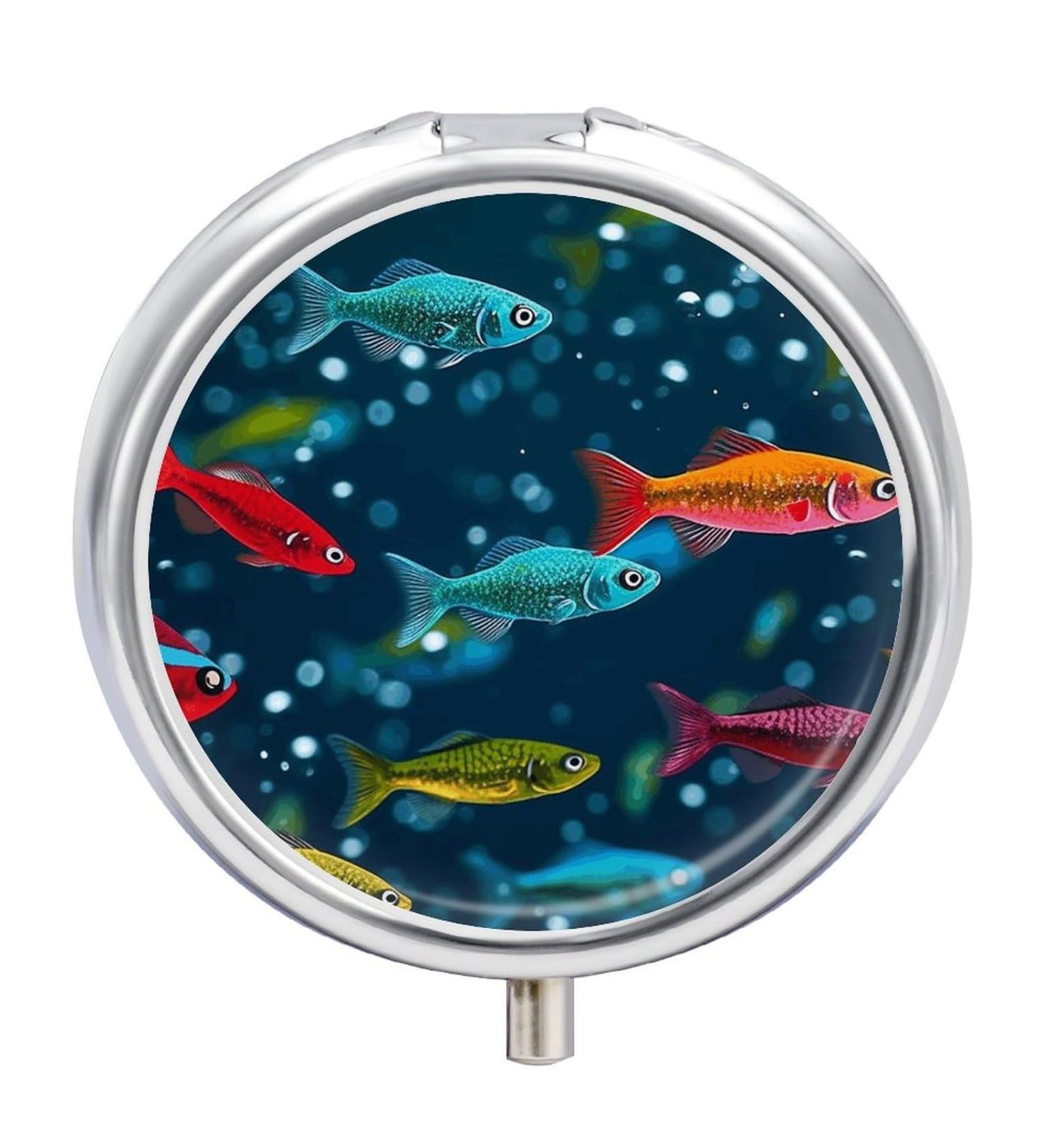 Travel Pill Box Organizer - Colorful Underwater Minnows Design | 3 Compartment Portable Pill Case for Purse & Pocket - Buy Online on GoSupps.com