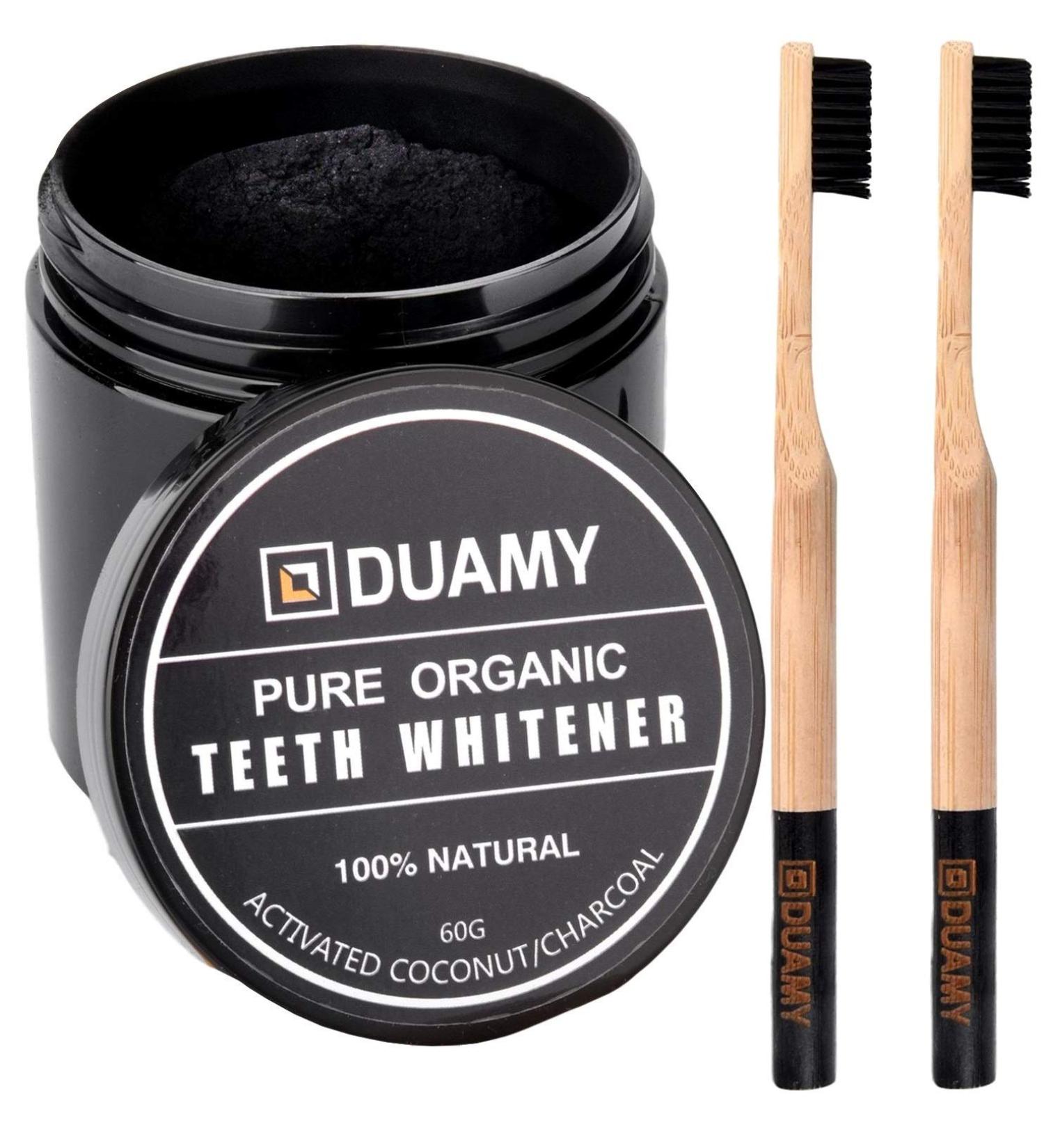 Duamy Activated Carbon Powder for Teeth Whitening - Natural Coconut Formula + 2 Toothbrushes with Activated Carbon Bristles (60g) - Buy Online on GoSupps.com