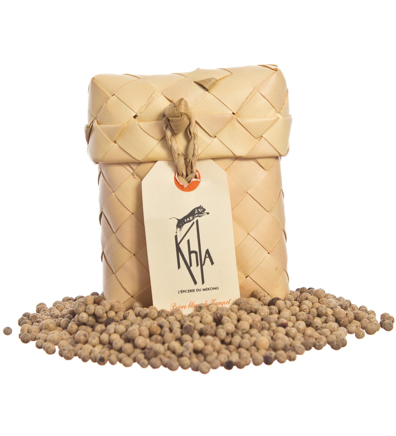 Khla - Organic Kampot White Pepper - Peppercorns 50g - Traditional Palm Leaf Gift Box - Grand Cru Strong & Powerful - Cooking Ingredient - Asian Spice - Cambodian Origin - Buy Online on GoSupps.com