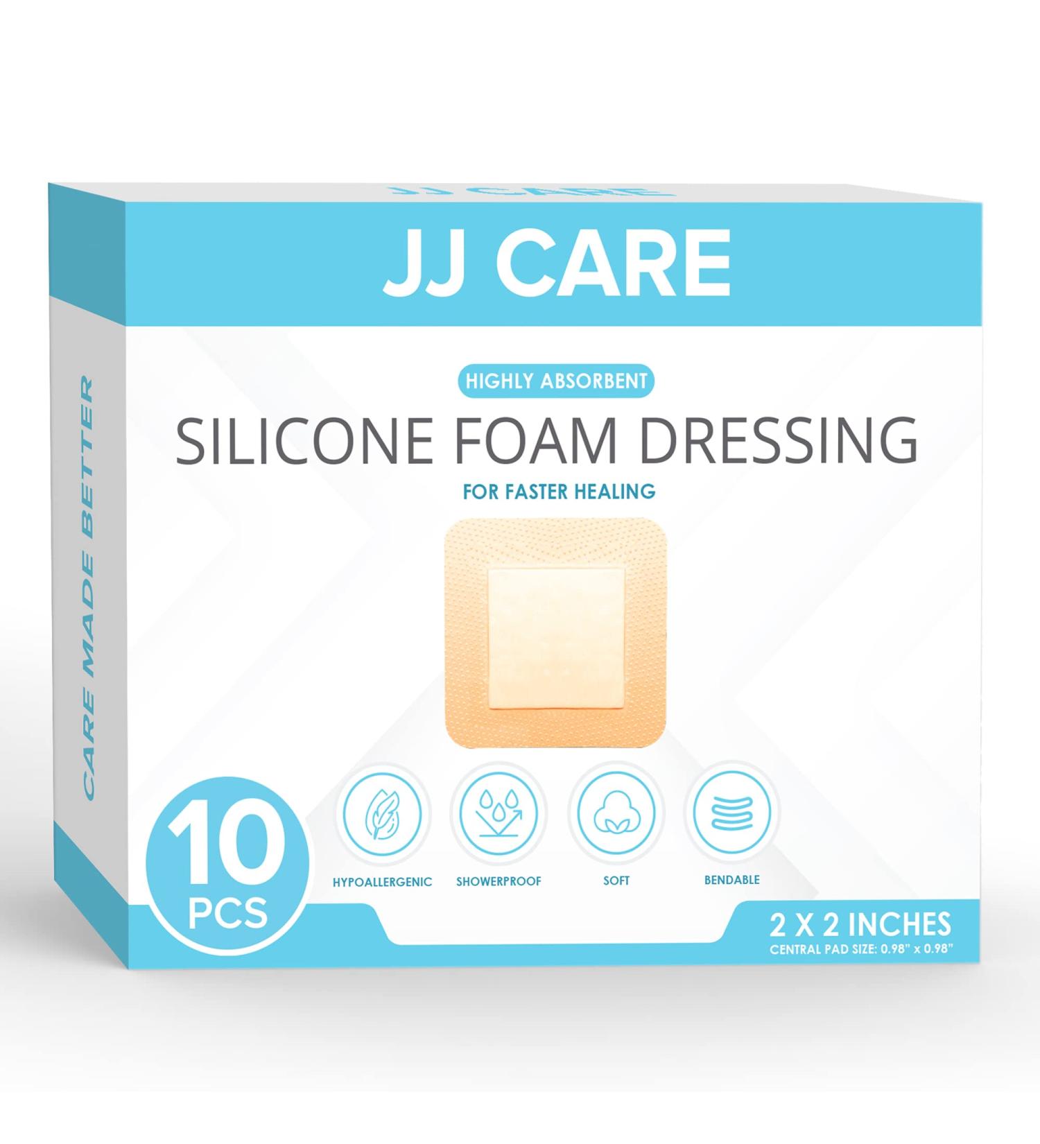JJ CARE Silicone Foam Dressing 2x2 - Waterproof Silicone Bandages for Wound Care (Pack of 10 - Buy Online on GoSupps.com