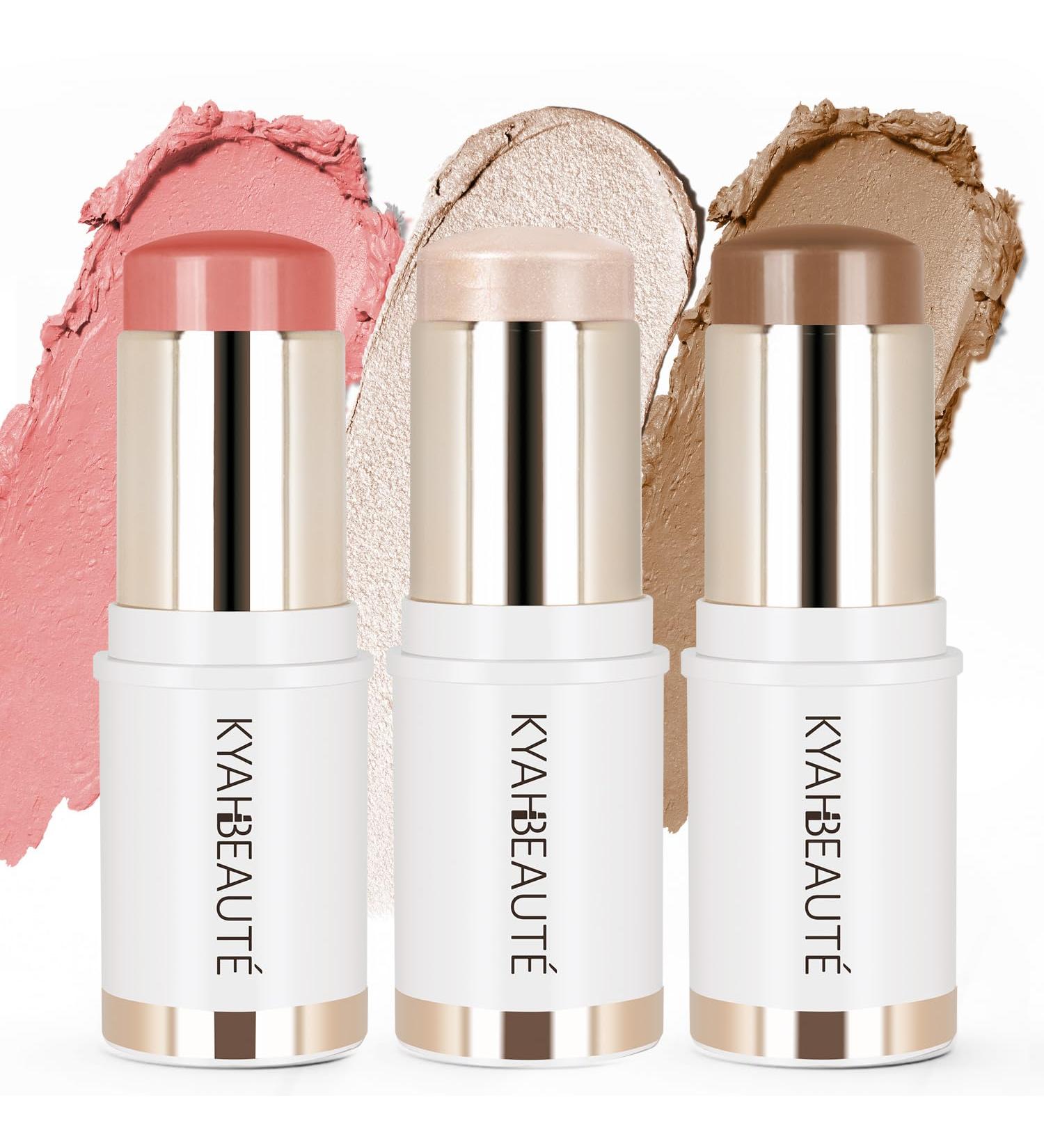 Trio Contour Sticks Set - Highlighter Bronzer & Blush for Natural Dewy Makeup | 45g/1.6fl.oz | Light Champagne Peach | Enhance Cheeks & Lips - Buy Online on GoSupps.com