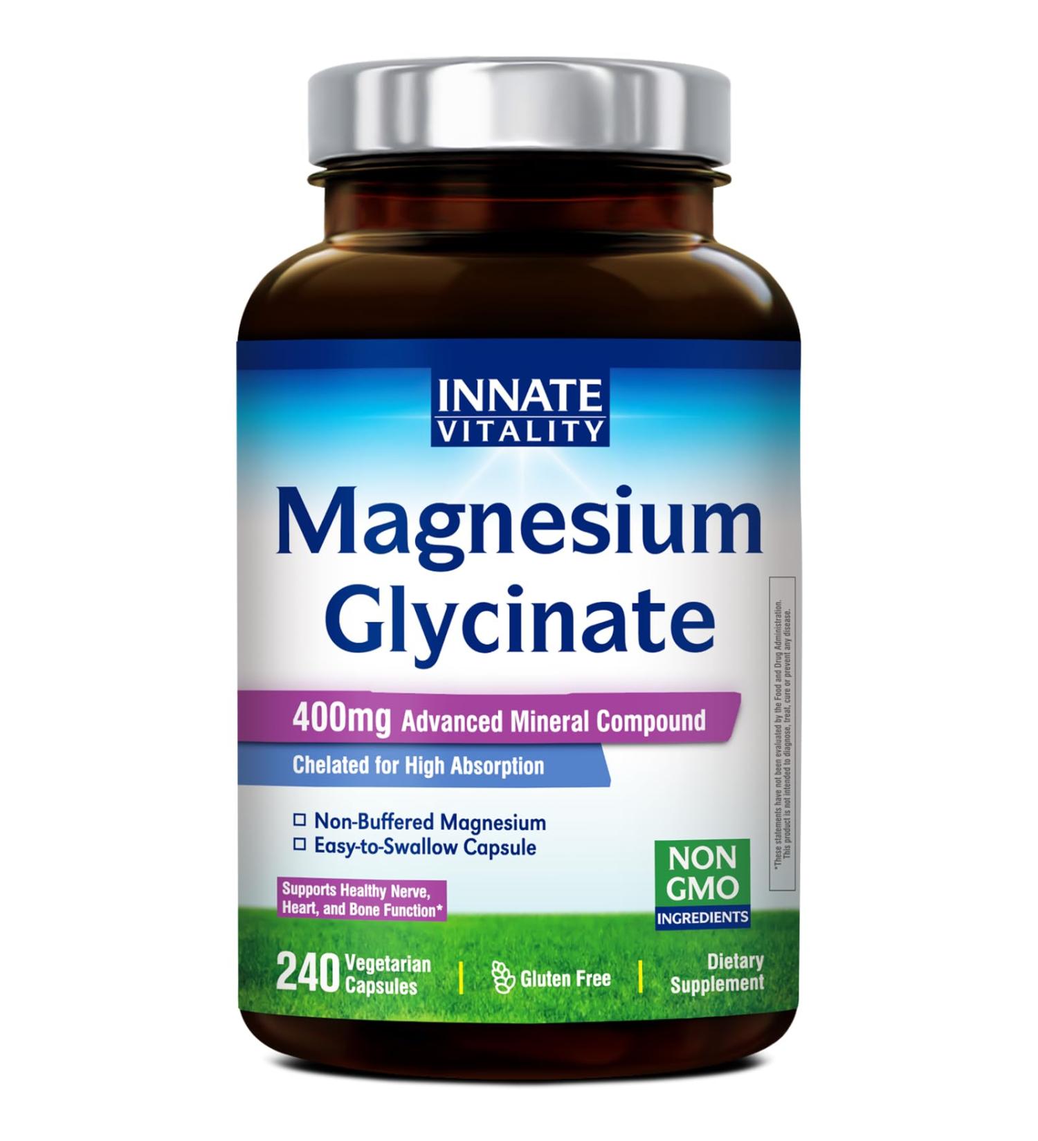 Innate Vitality Magnesium Glycinate 400mg Non Buffered & High Absorption Magnesium Supplement for Sleep Relaxation Heart & Bone Health for Men & Women Non-GMO No Gluten 240 Vegan Capsules - Buy Online on GoSupps.com