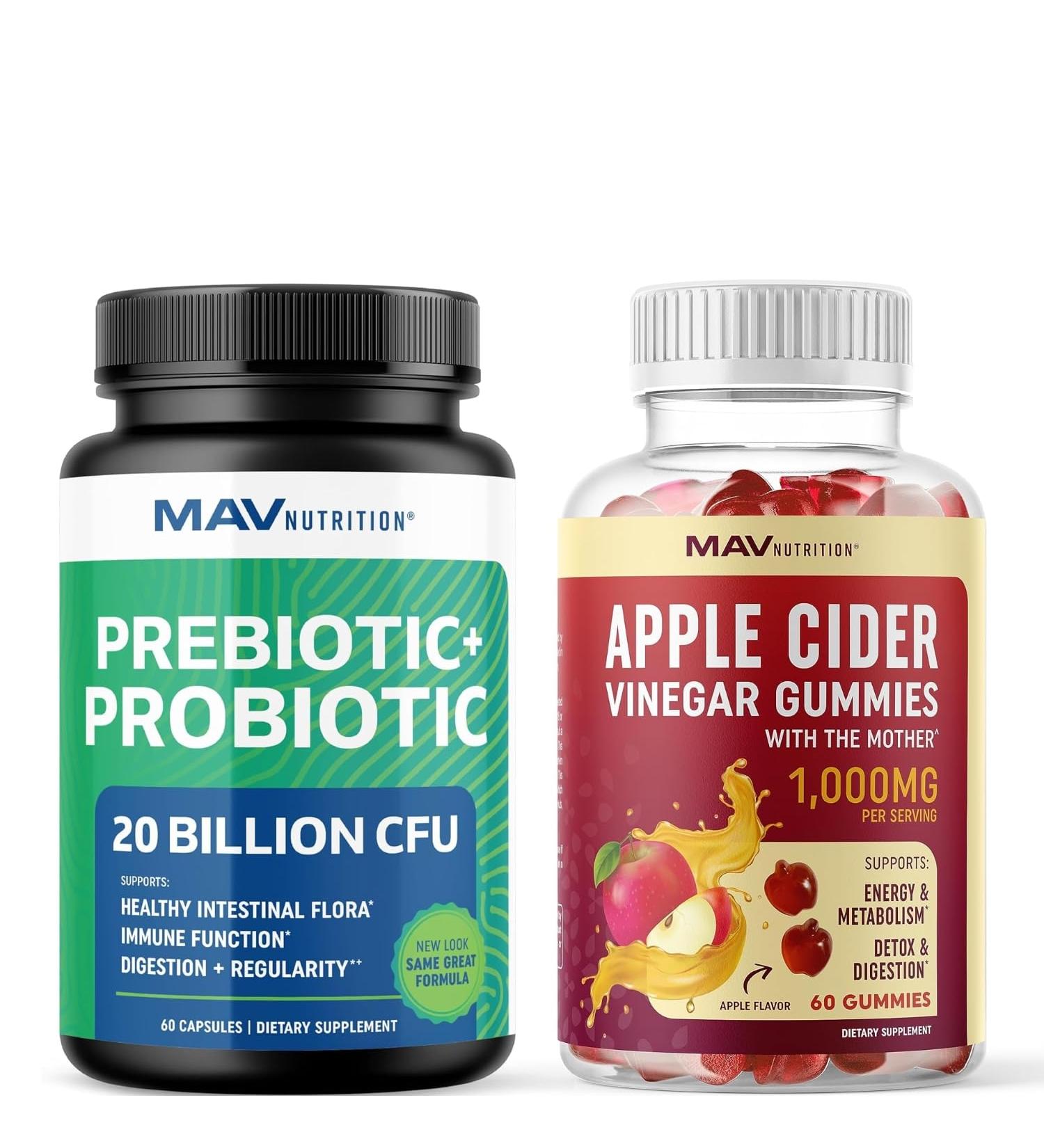 MAV NUTRITION Apple Cider Vinegar Gummies and Probiotic & Prebiotic Capsules | Gut Health Bundle for Beauty Detox and Digestive Health Support | Comprehensive Digestive Wellness with ACV & Prebiotics - Buy Online on GoSupps.com