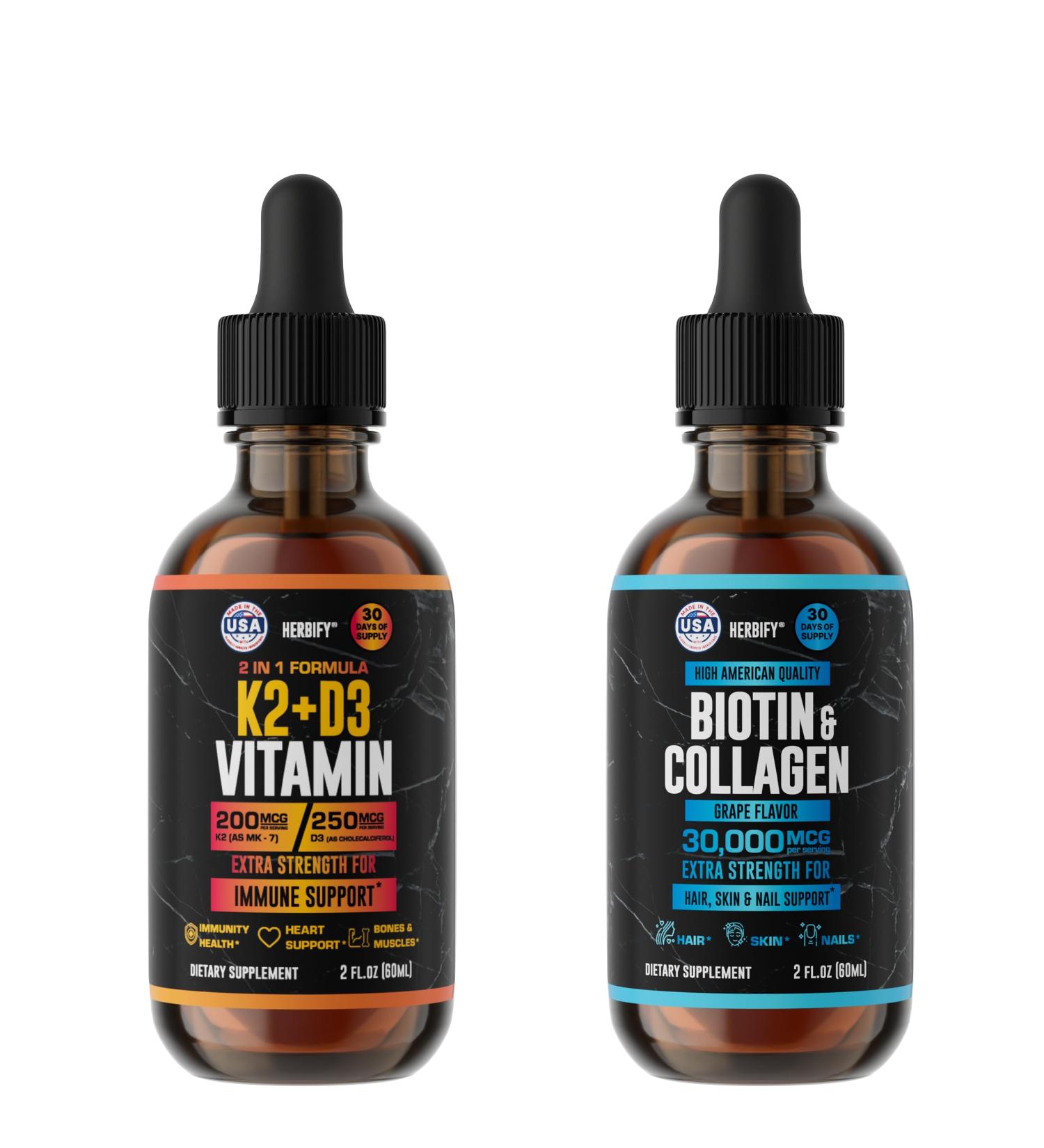 HERBIFY Bundle - K2 and D3 Drops & Biotin and Collagen Drops - Bone Strength & Hair Skin Nails Support - Buy Online on GoSupps.com