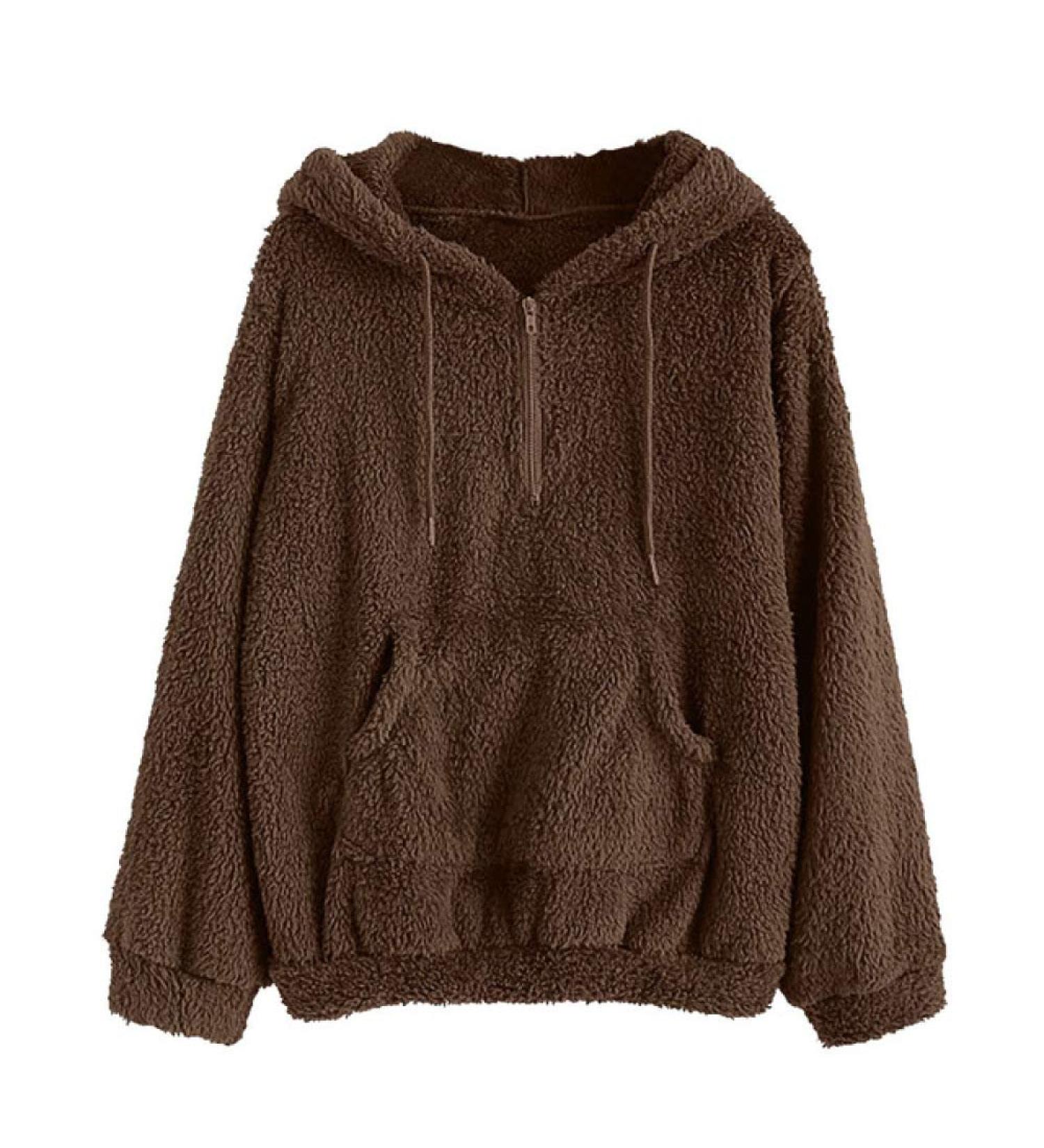 Bigfanshu Womens Fluffy Hoodie Sweatshirt Thicker Warm Jumper Hooded Pullover Pocket Zipper Loose Top Blouse Brown