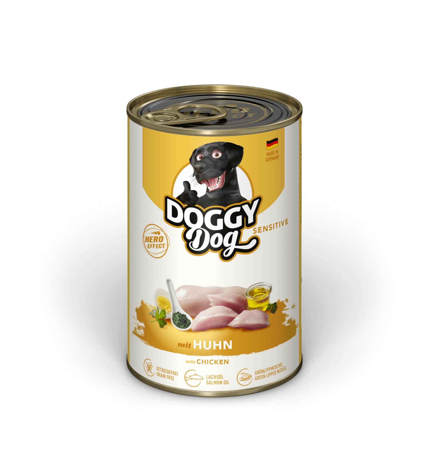 Doggy Dog Pat Huhn Sensitive Pack of 6 cans of 400 g grain-free wet dog food with salmon oil and green-lipped mussel particularly well tolerated made in Germany - Buy Online on GoSupps.com