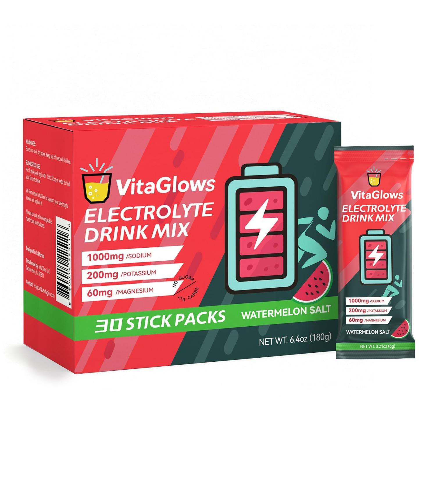 VitaGlows Electrolyte Powder Drink Mix Zero Sugar Watermelon Salt Hydration Supplement for Energy & Recovery 30 Servings Gluten-Free Soy-Free Dairy-Free - Buy Online on GoSupps.com