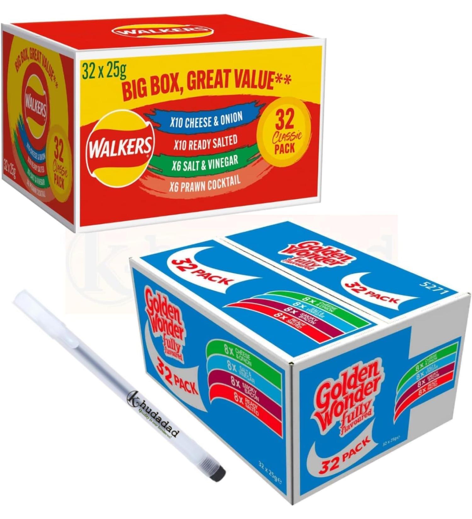 Golden Wonder Fully Flavoured Blue Box And Walkers Big Red Box Cheese and Onion Salt and Vinegar Smoky Bacon Ready Salted Prawn Cocktails 32pkx25g Each Box/Total 64 Individual Bags - Buy Online on GoSupps.com