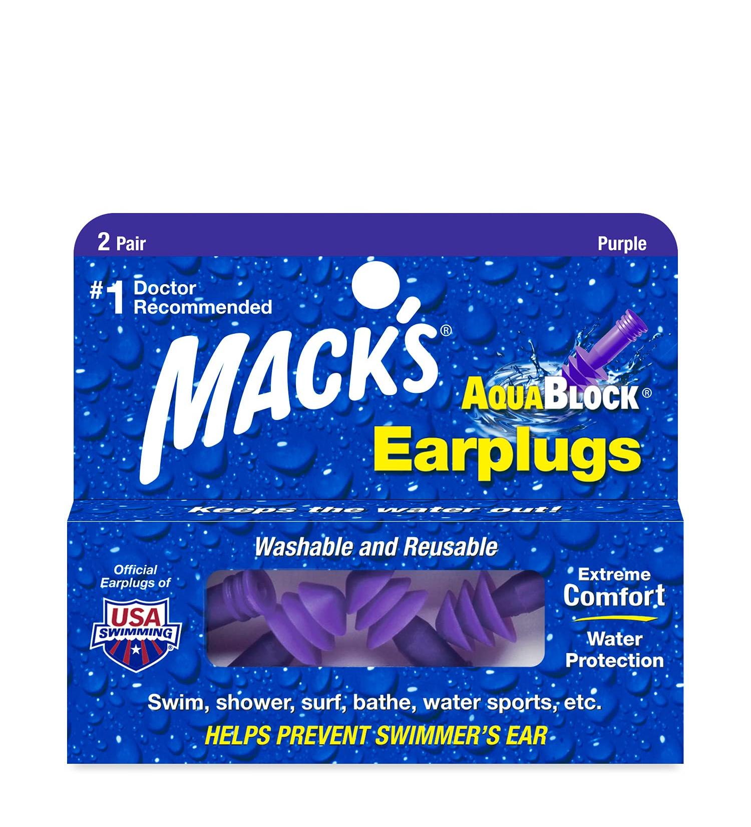 Mack's AquaBlock Swimming Earplugs - Waterproof Reusable Silicone Ear Plugs - 2 Pair, Purple - Buy Online on GoSupps.com