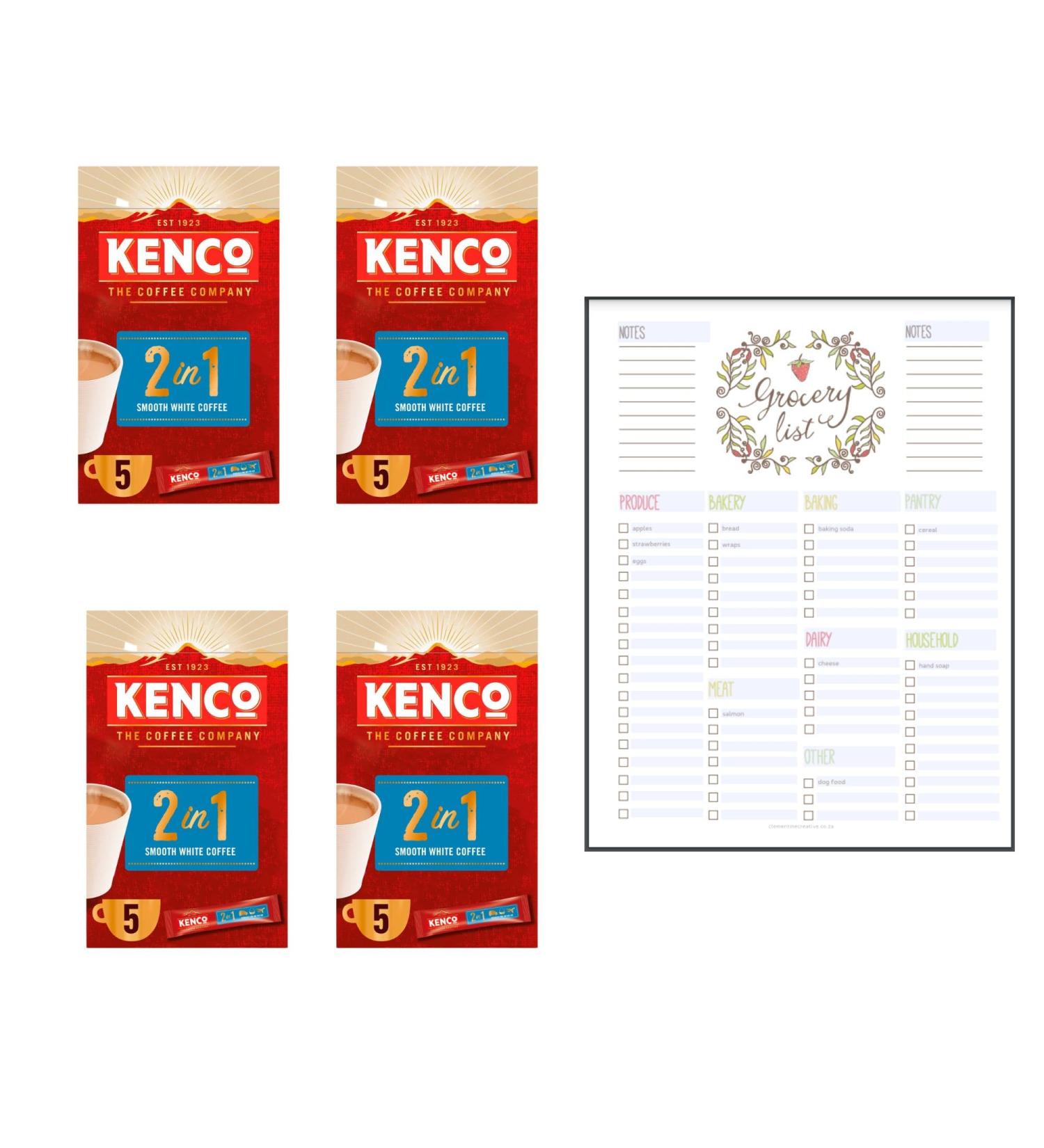 Coffee Bundle which Contains Kenco 2 in 1 Smooth White Instant Coffee Sachets 5 x 14g - Pack of 4 with Grocery List Card - Buy Online on GoSupps.com