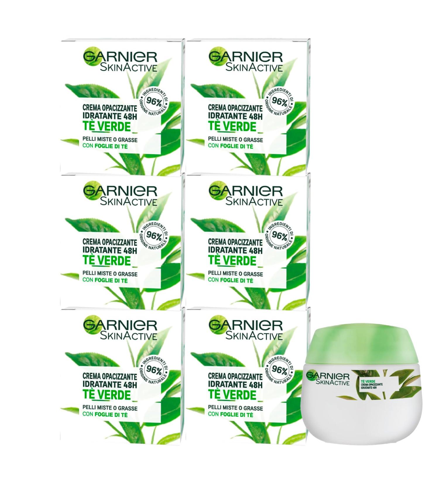 Garnier GARNIER SkinActive Moisturizing Face Cream with Green Tea 48-hour Long-Lasting Opacifying Action with 96% Naturally Derived Ingredients Dermatologically Tested Formula - 6 x 50ml Jars