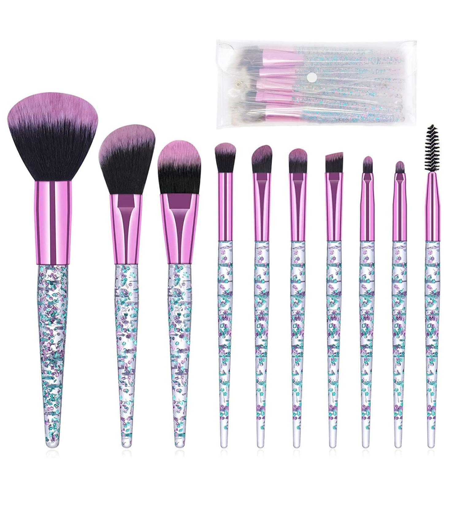 10 PCS Glitter Handle Makeup Brush Set | Professional Face & Eye Brushes | Green Cosmetic Brushes in Transparent Bag - International Shipping - Buy Online on GoSupps.com