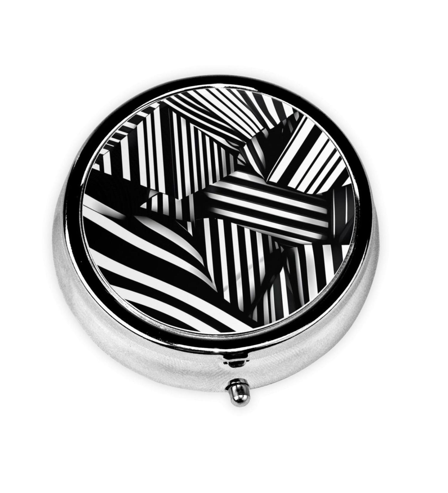 Black and White Geometric Round Pill Box | 3 Compartment Portable Organizer for Travel - Shop Now - Buy Online on GoSupps.com
