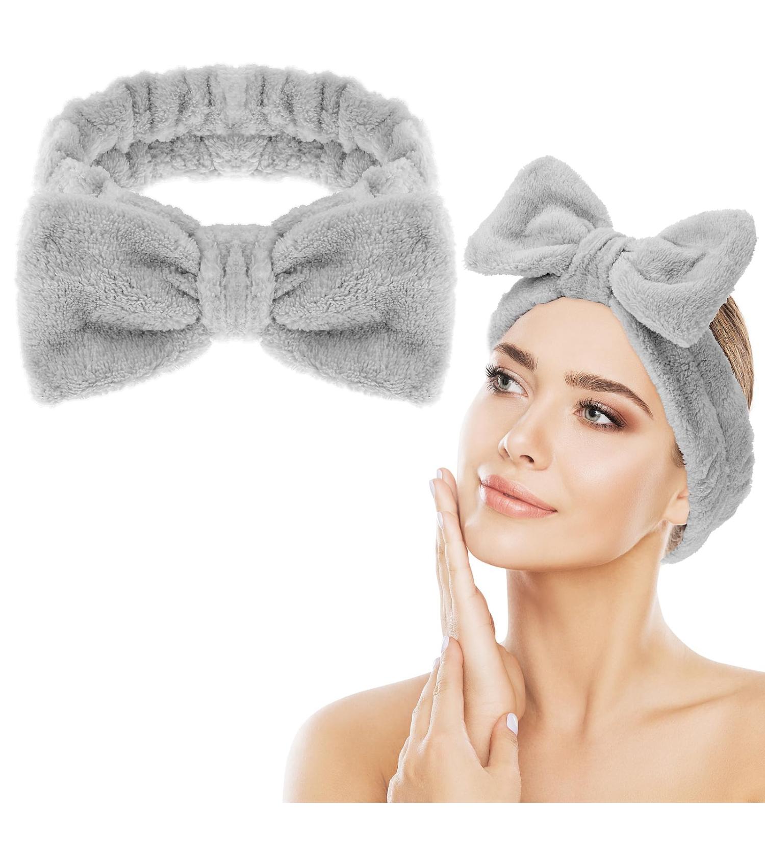 Women's Spa Bowknot Headband - Coral Fleece Makeup & Hair Band | Elastic Cosmetic Headwrap for Shower & Skincare (Gray) - Buy Online on GoSupps.com