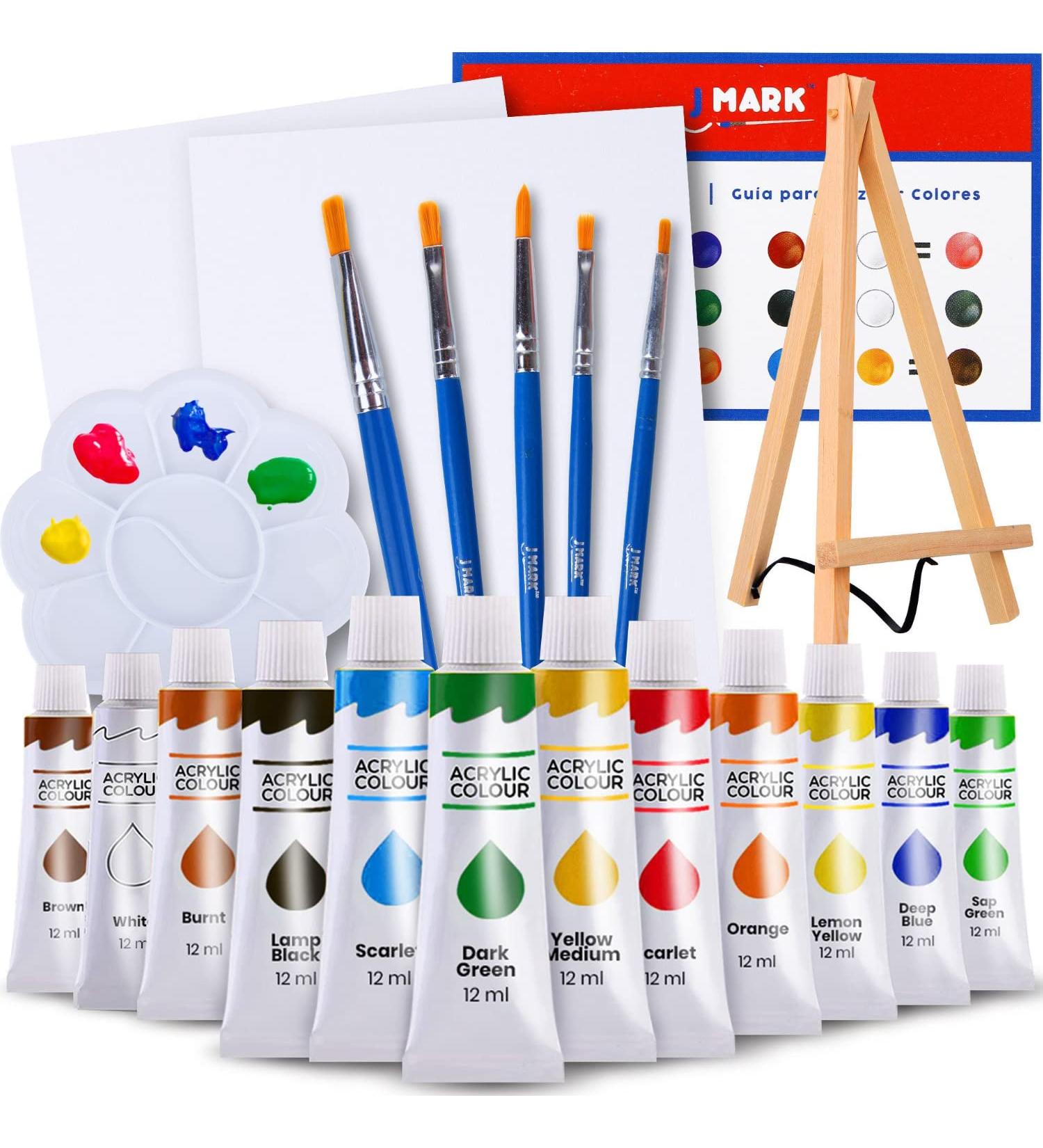 J MARK 22-Piece Acrylic Canvas Painting Kit with Wood Easel - Includes 8x10 inch Canvases, 12 Washable Paints, 5 Brushes, Palette, Color Mixing Guide - Buy Online on GoSupps.com
