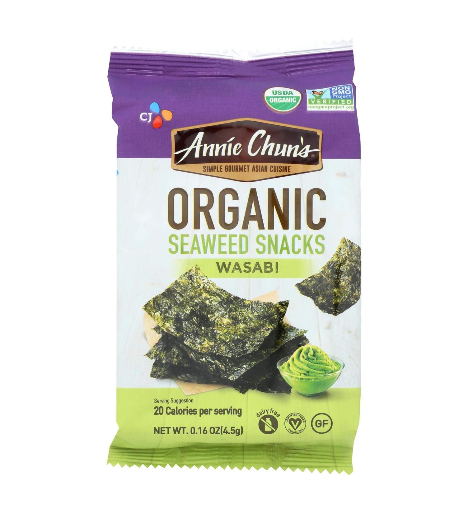 ANNIE CHUN'S, Seaweed Snk, Og2, Wasabi, Pack of 12, Size .16 OZ, (Gluten Free GMO Free Vegan 95%+ Organic)