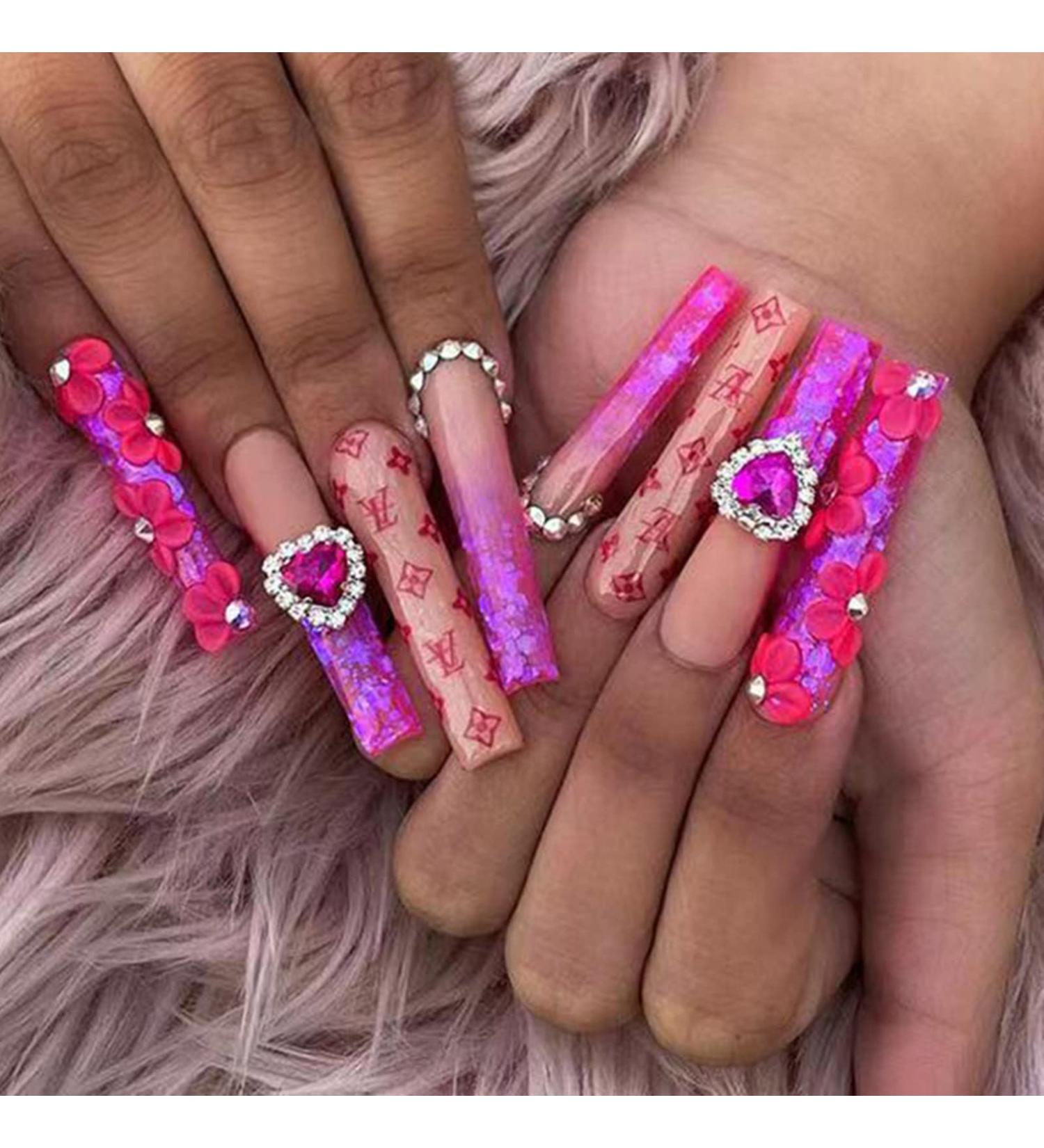 Justotry 24 Pcs Diamante Fake Nails - Long Red French Press on Nails with Flower Designs - Nude Medium Ballerina Stick on Nails for Women - Acrylic Coffin False Nails with Glue for Nail Art - Buy Online on GoSupps.com
