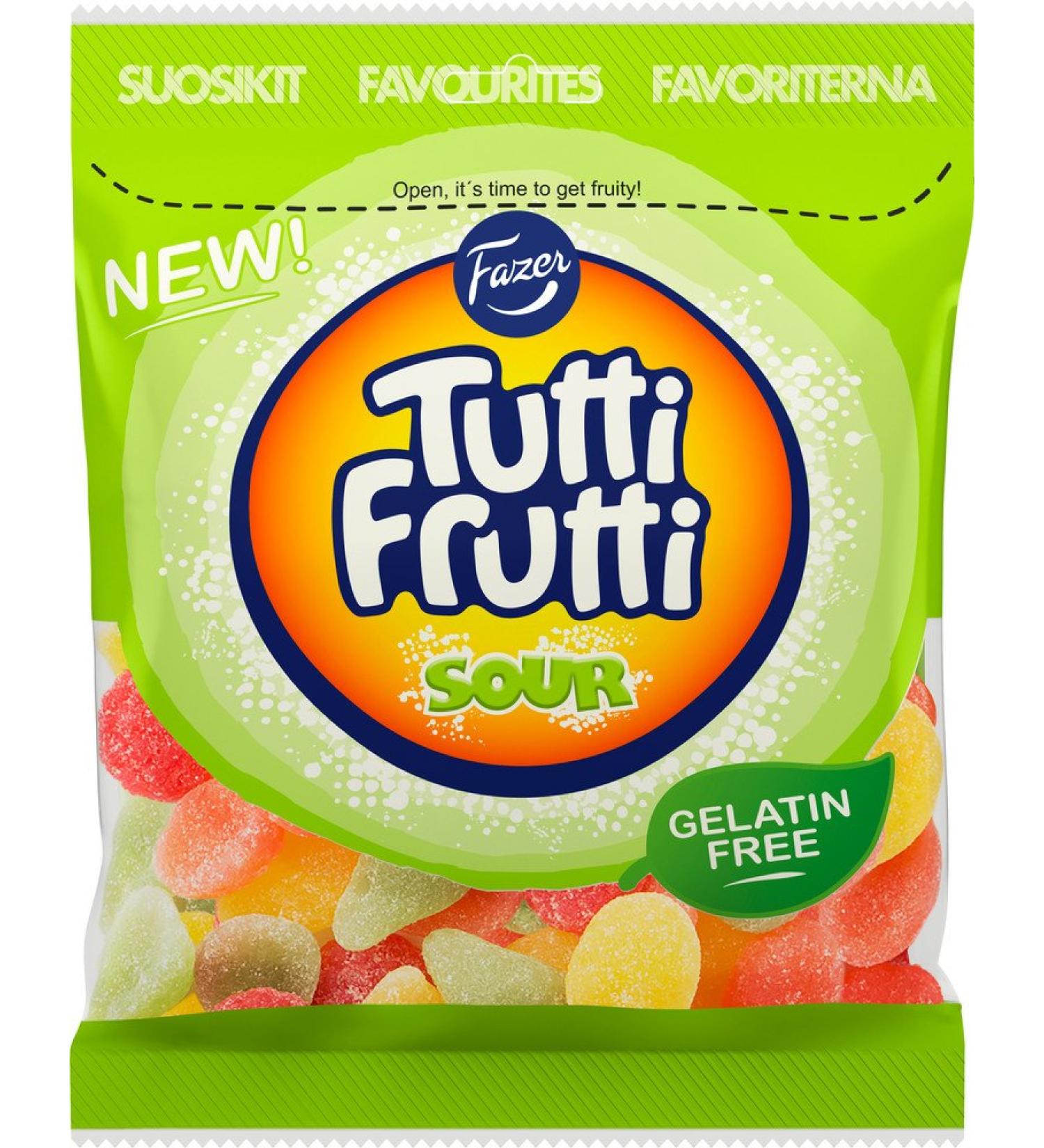 Fazer Tutti Frutti Sour - Gelatin Free - Fruity Wine Gums - Assorted - Candies - Sweets - Bag 180g