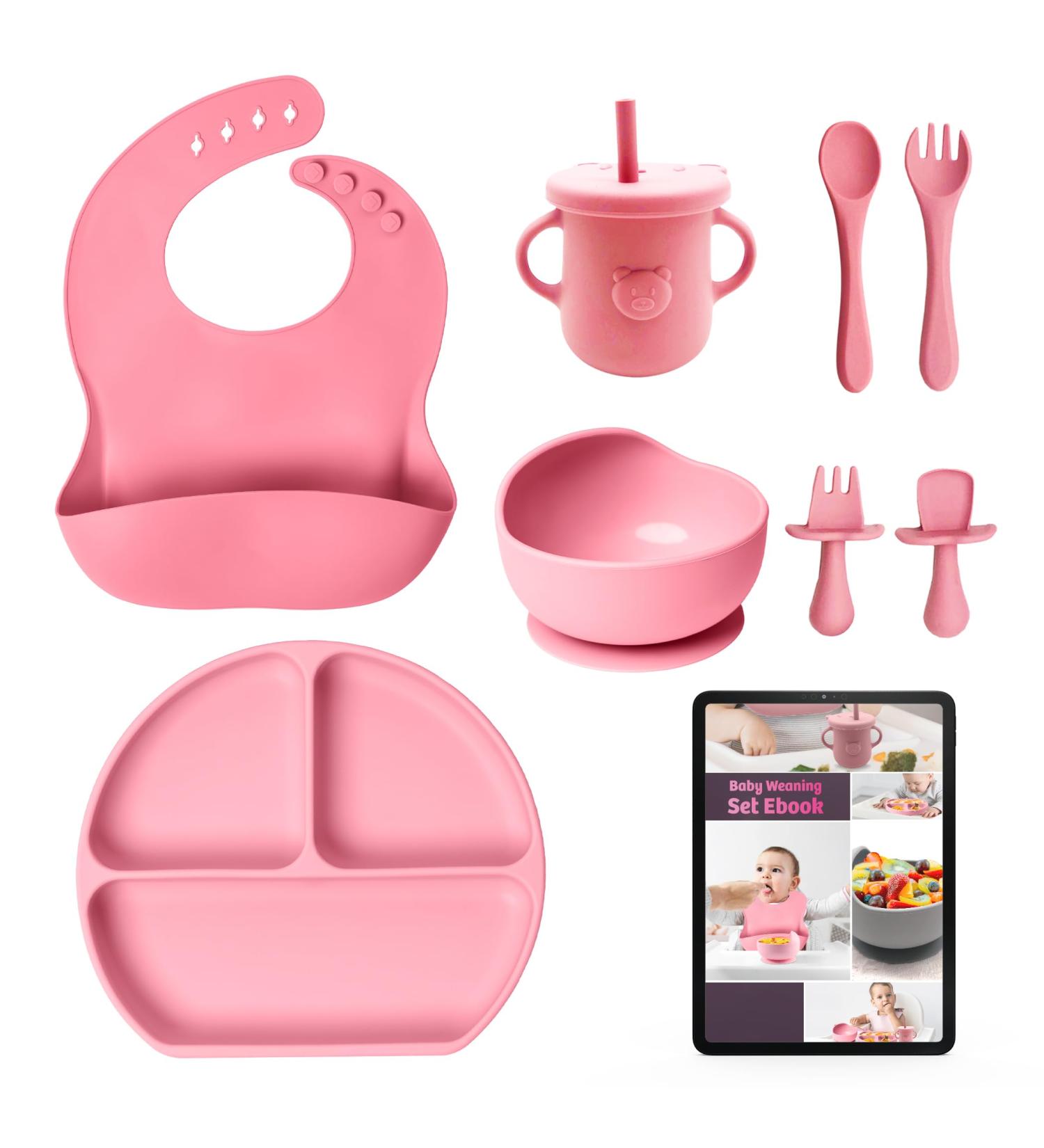 CHEEKYCHOPS 9 PCS Baby Weaning Set & Ebook Includes Baby Plate Adjustable Bib Cup Recipe Ebook Suction Baby Bowl and Spoon Baby weaning Set Baby Pink - Buy Online on GoSupps.com