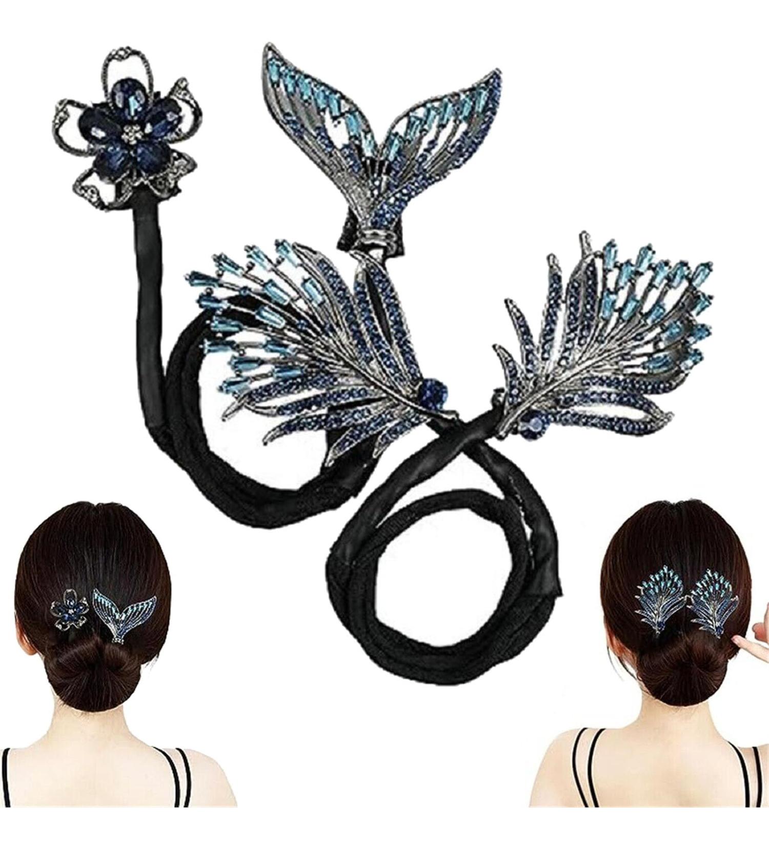 2Pcs Whale Tail Rhinestone Flower Hair Clip Rhinestone Flower Hair Clip Lazy Hair Curler Deft Bun Maker New French Whale Tail Twist Bun Hairstyle Shaper (Feather+Fishtail) - Buy Online on GoSupps.com