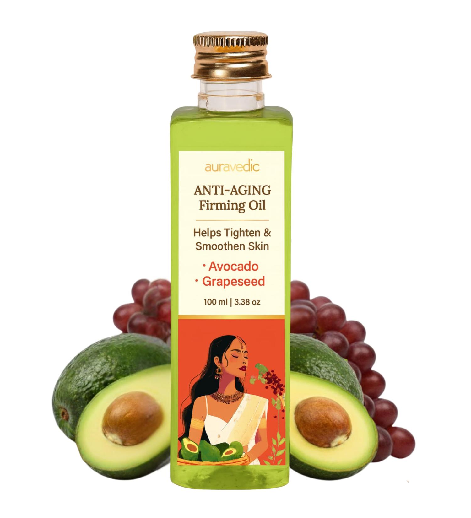 Auravedic Anti Aging Firming Oil with Avocado & Grapeseed | Lightweight Non-Greasy Facial Oil for Smooth Texture Daily Hydration & Nourished Skin | 3.38 Fl Oz (100ml) - Buy Online on GoSupps.com
