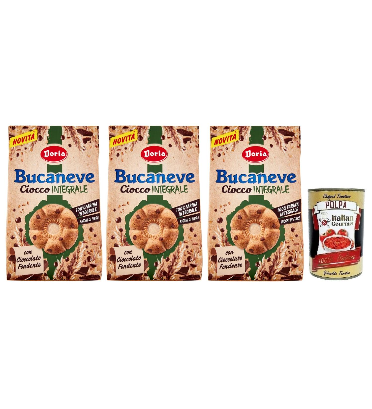 3 Doria Bucaneve Ciocco Integral biscuits with whole wheat flour and dark chocolate 300 g bag + Polpa di Pomodoro Italian Gourmet Polpa di Pomodoro 400 g - Buy Online on GoSupps.com