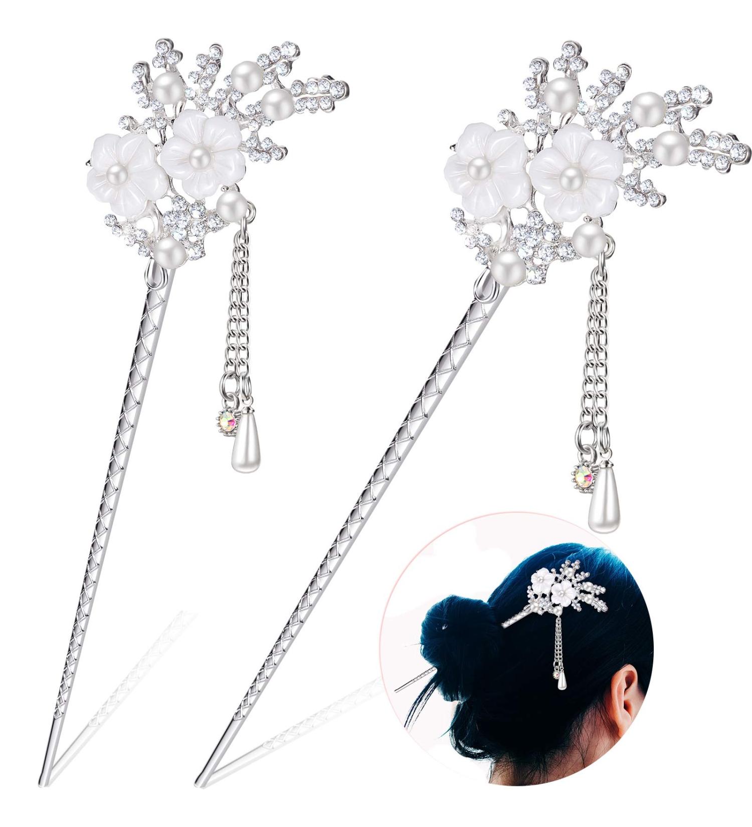 Rhinestone Pearl Flower Hair Stick Set - Vintage Chinese Hair Chopsticks with Tassel - Hair Styling Accessories for Women (Silver) - Buy Online on GoSupps.com