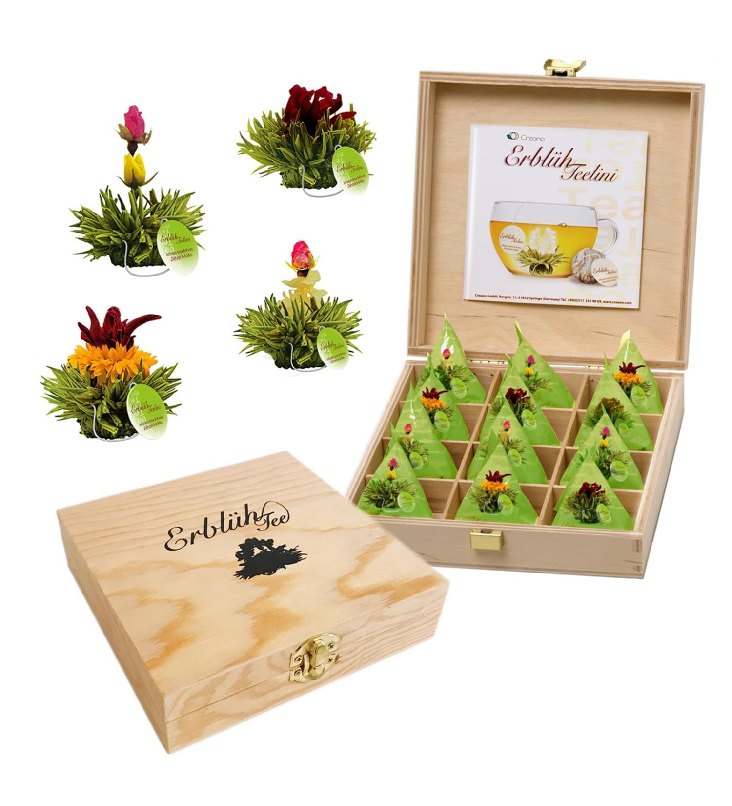 Creano Tea Flowers Gift Set in Wooden Box - 12 Blooming Teas in 4 Varieties, Perfect White Tea Gift for Tea Lovers - Buy Online on GoSupps.com