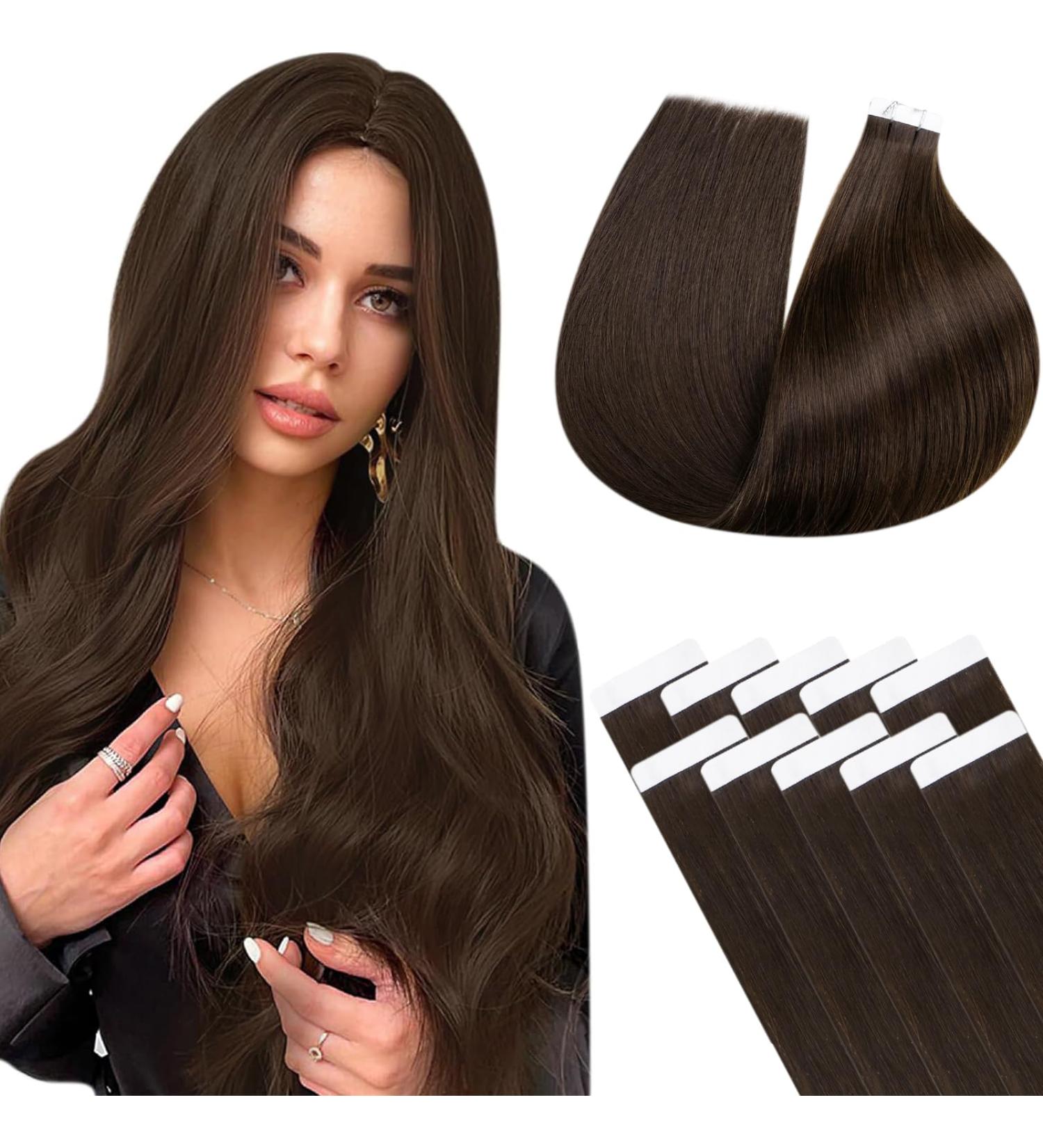 LAAVO Invisible Real Hair Tape Extensions - Brown 40cm 10pcs Smooth Skin Weft 25g #4 - Buy Online on GoSupps.com